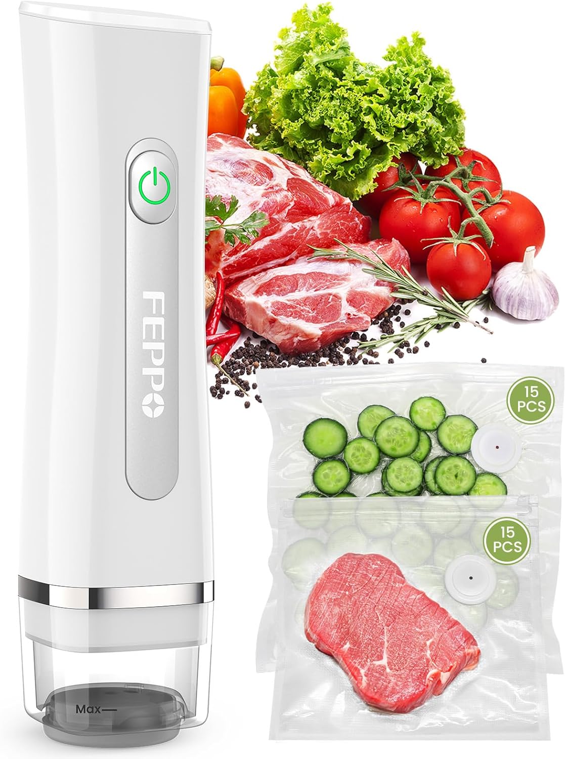 FEPPO Vacuum Sealer for Food with Visible Water Storage Tank, Handheld Saver Compact Vacuum Sealer Machine with 30 Reusable Bags for 6X Preservation & Fresh, White
