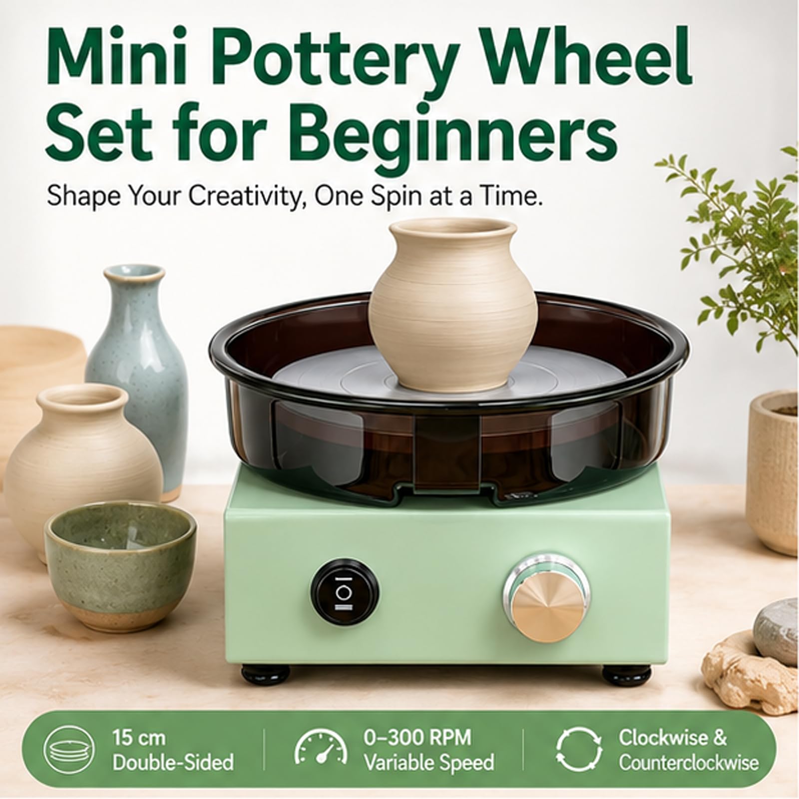 Set di Mini Tornio per Ceramica con Piatto Girevole Doppia Faccia da 15 cm