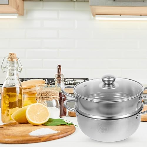 Miniatura 3 de Olla de vapor de acero inoxidable de 2 niveles, olla de vapor de 10 pulgadas con tapa y asa, utensilios de cocina multiusos para verduras,