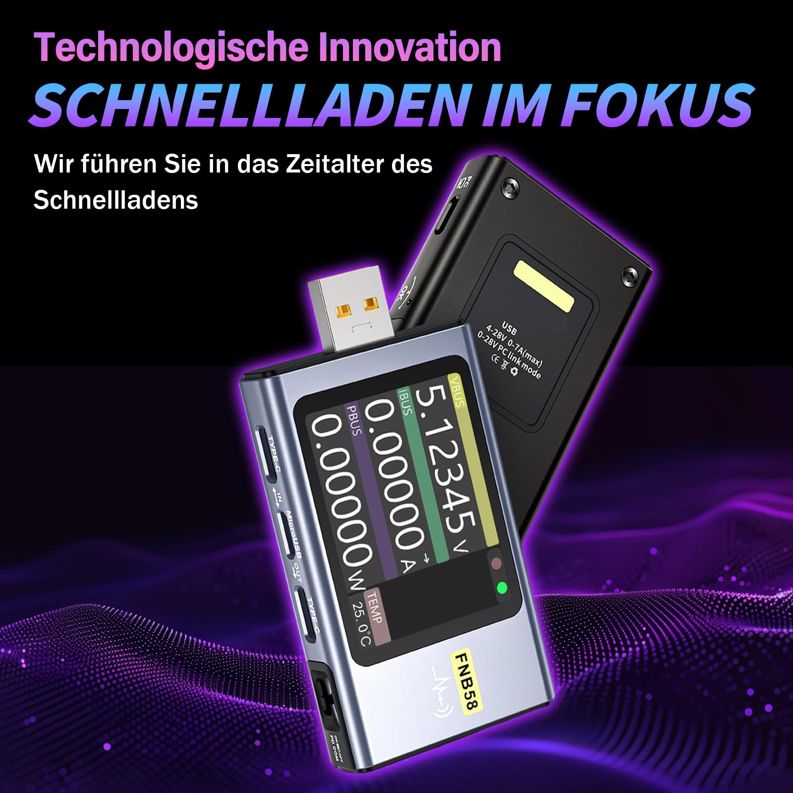 FNB58 USB Kabeltester mit 2,0 Zoll Display, 4–28V, 7A, USB-A & USB-C Multimeter mit Schnellladungserkennung, Auslöser, Kapazitätsmessung, Welligkeitsmessung, PD2.0/PD3.0, QC2.0/QC3.0 (Mit Bluetooth)