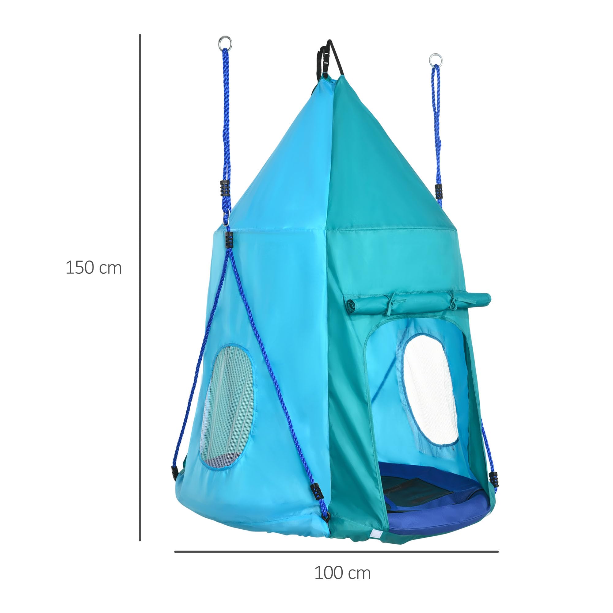 Outsunny Altalena da Giardino 2 in 1 per Bambini 3-8 Anni Ø100cm Blu | con Tenda, Altalena a Nido, Corde Regolabili