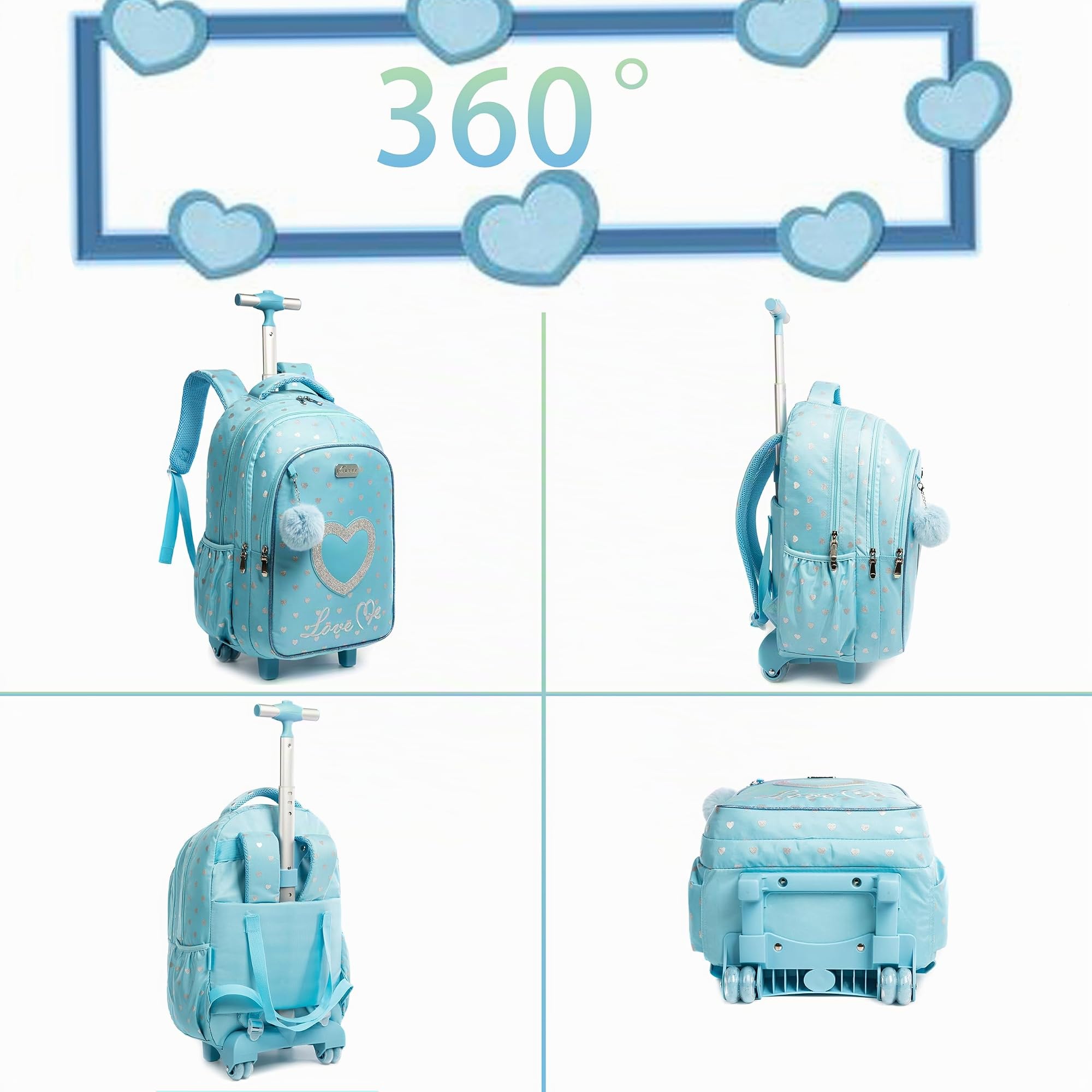 HTgroce Cartable à roulettes pour fille - Sac à dos à roulettes pour fille - Sac à dos d'écolier avec roulettes, Amour bleu, 46 x 30 x 20 cm, Très résistant