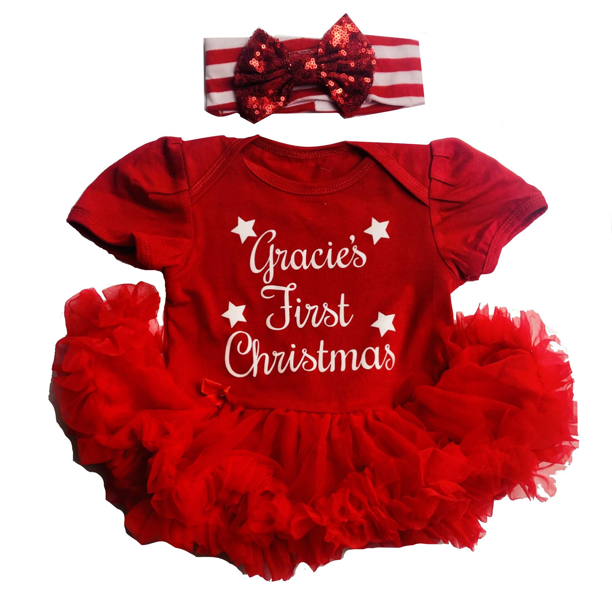 Little Secrets Clothing Personalised Baby Girl's First Christmas Red Tutu Romper with Sequin Red Bow Headband 6-12month