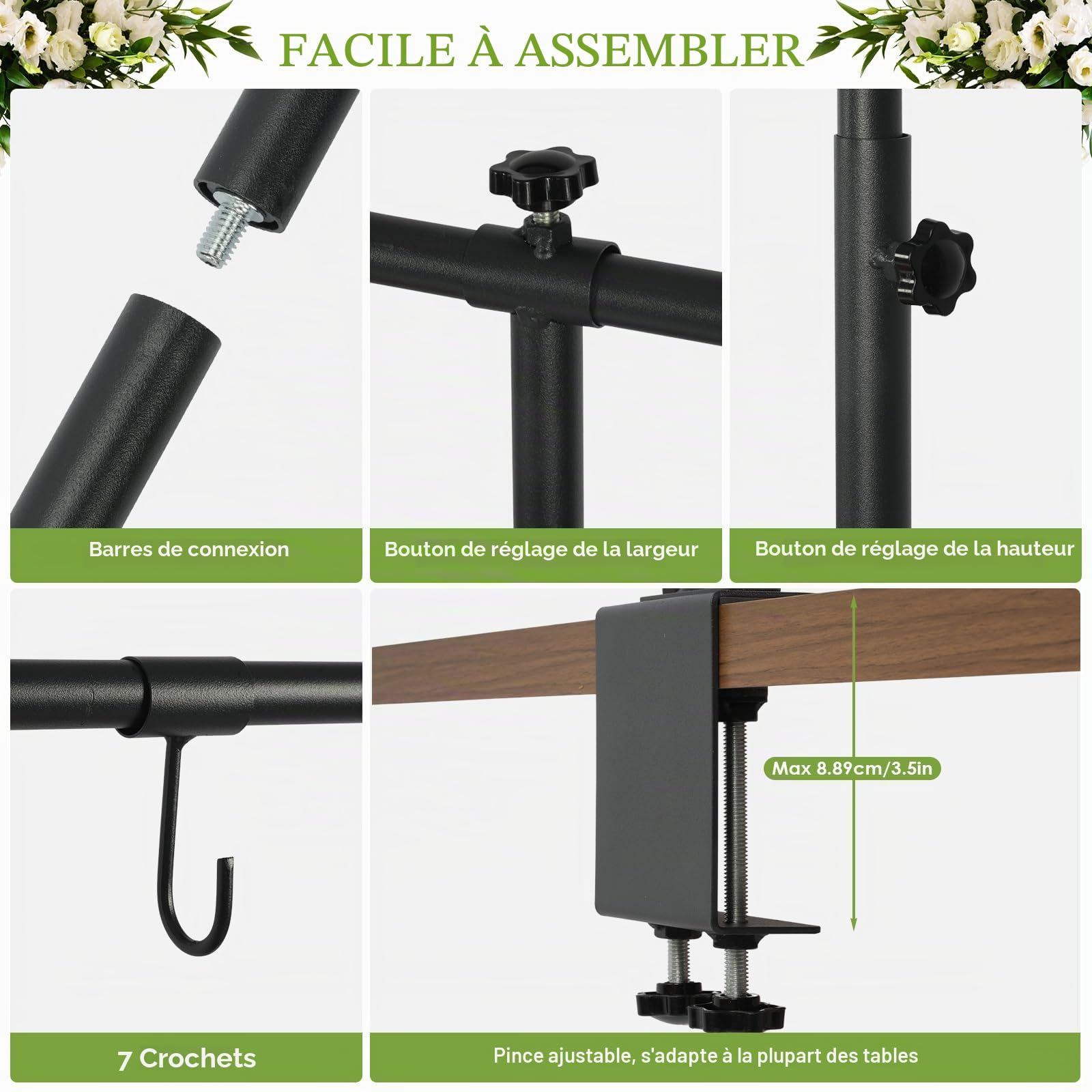 tonchean Barre de suspension de table avec pinces - Longueur jusqu'à 248 cm, hauteur 74-103 cm, barre de présentation de table, support de serrage en métal noir pour décorations, mariage, anniversaire