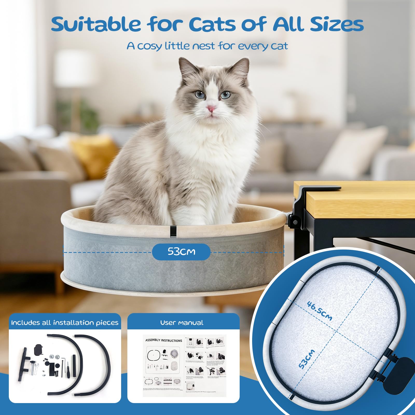 Cama para Gatos Cesta de hasta 27 kg - Fijación Estable de Cat Desk Bed sin Necesidad de Taladrar - Cama Plegable a 90° para Gatos con Estructura Metálica - Cama Gato Mesa Que Ahorra Espacio