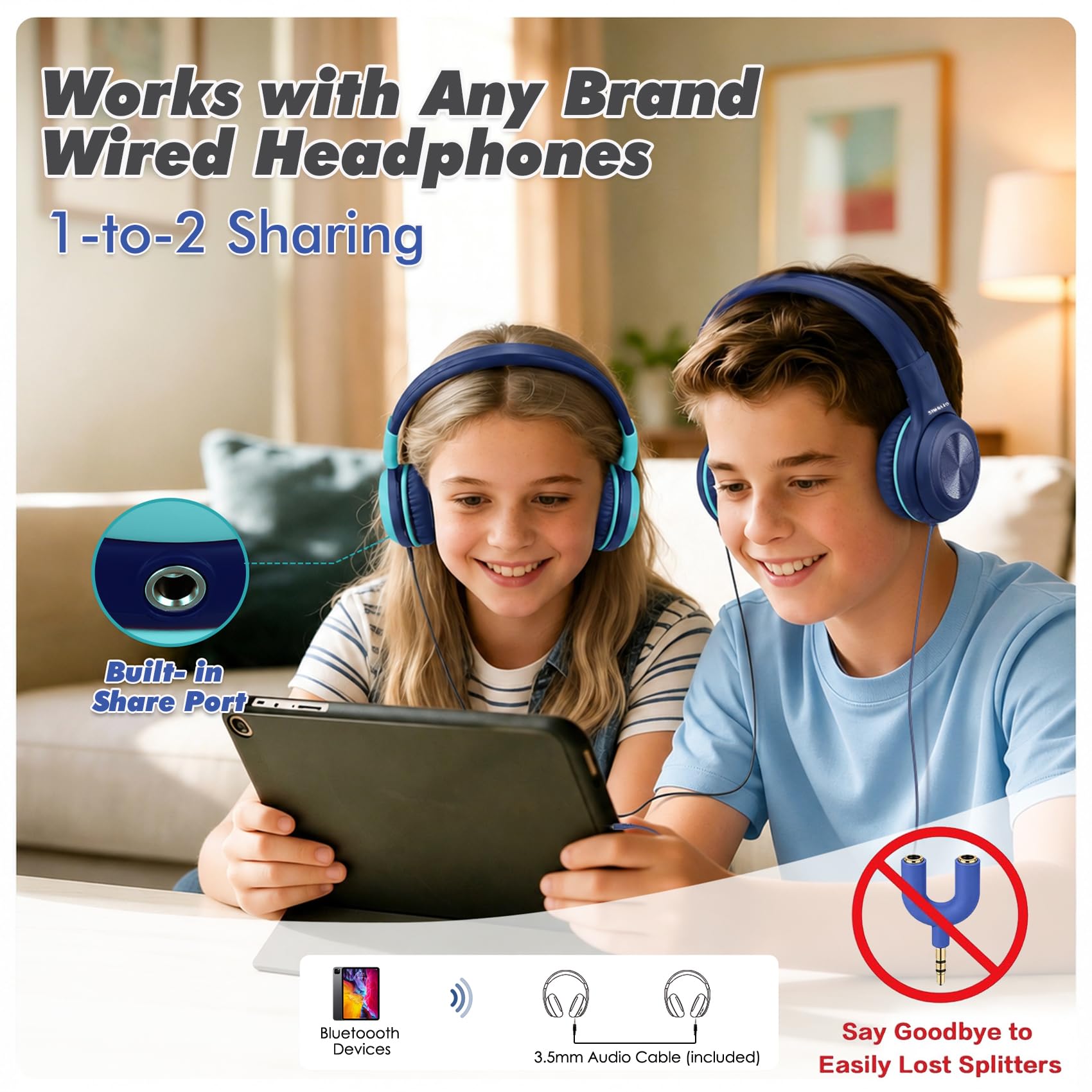 SIMOLIO Auriculares Bluetooth para niños con micrófono, Auriculares Plegable para niños con 75/85/94dB Volumen Limitado, Puerto compartido, EVA Caso, Audio Cable, niñas y niños