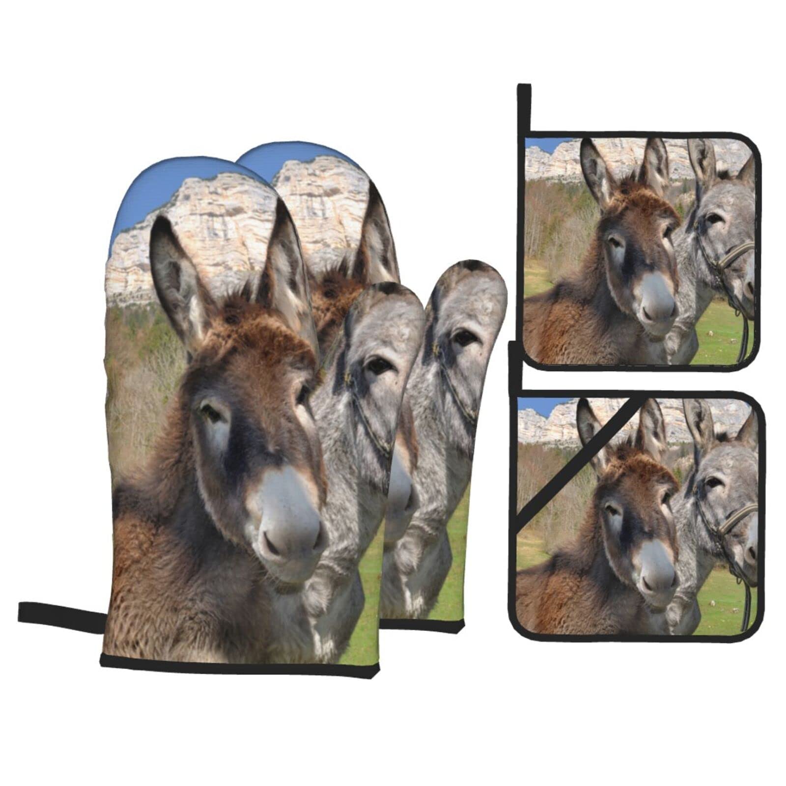 Funny Donkeys Print Kitchen Baking Four Piece Set of Heat Resistant Thick Cotton Oven Mitts for Cooking, Baking and Grilling