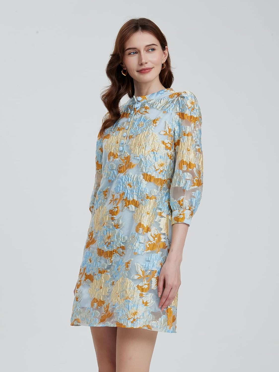 D-Sun Women's Floral Jacquard Dress Crewneck 3/4 Sleeve 3D Embroidered Slim Mini Dress Button Down Fall Elegant Short Dresses - Image 7