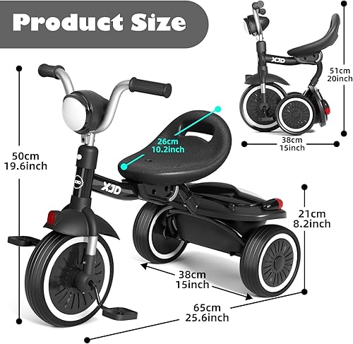 Miniatura 4 de XJD Triciclo para niños pequeños, bicicleta plegable con pedales, triciclo para niños de 2 a 5 años, asiento cómodo ajustable, regalos de cumpleaños