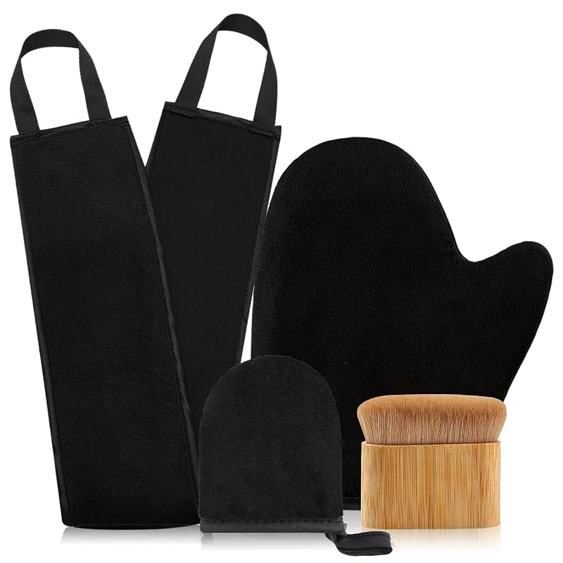 Kit FUNAN para aplicação de autobronzeador com 4 peças, incluindo aplicador para as costas, mini luva, luvas e pincel Kabuki de bambu, preto