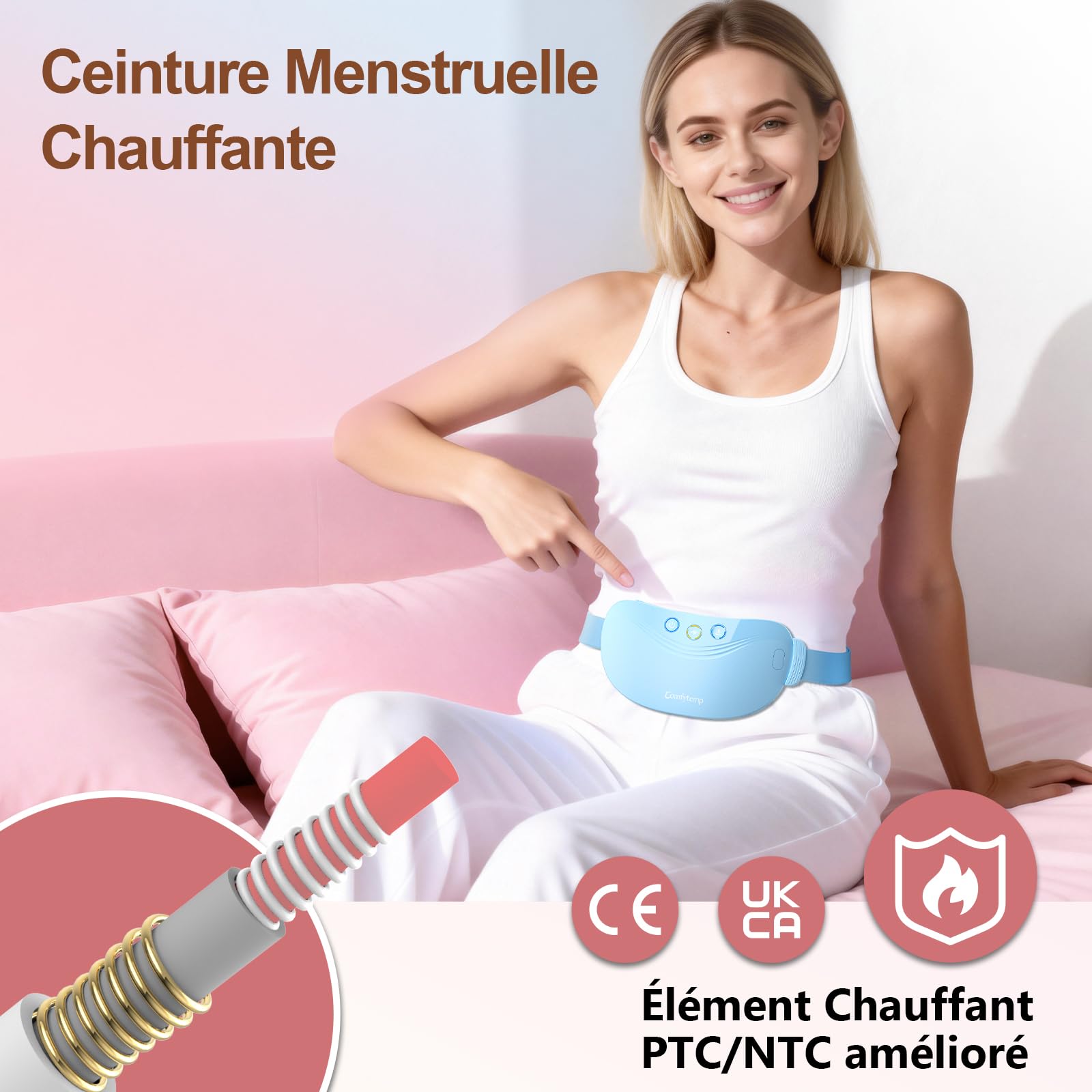 Comfytemp Ceinture Menstruelle Chauffante, 150cm Coussin Chauffant Double Moteur à Vibration, avec 3 Modes de Massage et 3 Niveaux de Température, Ceinture Chauffage sans Fil, Cadeau pour les Femmes