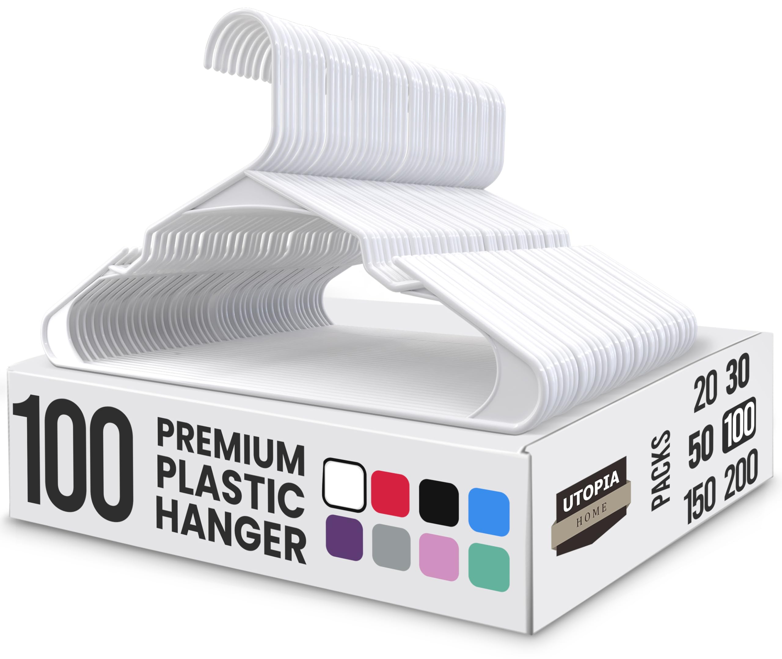 Utopia Home Plastic Hangers 100 Pack - Perfect Space Saving Clothes Hanger - Durable and Strong - Perfect Closet Organizers with Shoulder Grooves (White)