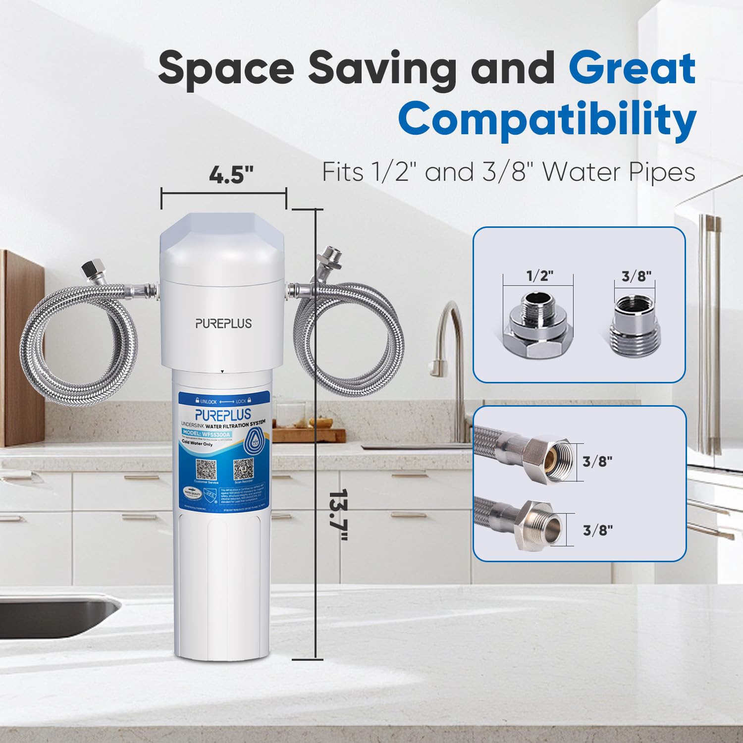 PUREPLUS Sistema de filtro de agua para debajo del fregadero, 22000 galones, reducción de cloro del 99.99%, certificado NSF/ANSI 42, elimina metales pesados, cloro, conexión directa bajo el mostrador