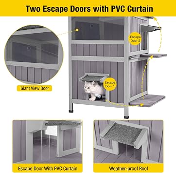 Aivituvin Upgraded Waterproof 2-Story Cat House for Outdoor Cats Shelter | Weatherproof asphalt roof, raised feeding station, escape door, jumping platforms, elevated floor, for indoor & outdoor use