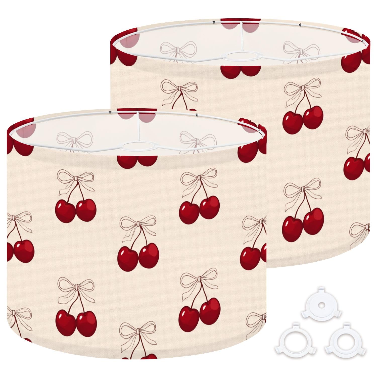 Fabric Round Drum Lamp Shade Red Cherries Bows Soft Beige Vintage Medium Linen Decorative Assembly Replacement Lampshades 13inch Set of 2 for Table Lamps, Floor Lamps,Ceiling Lamp