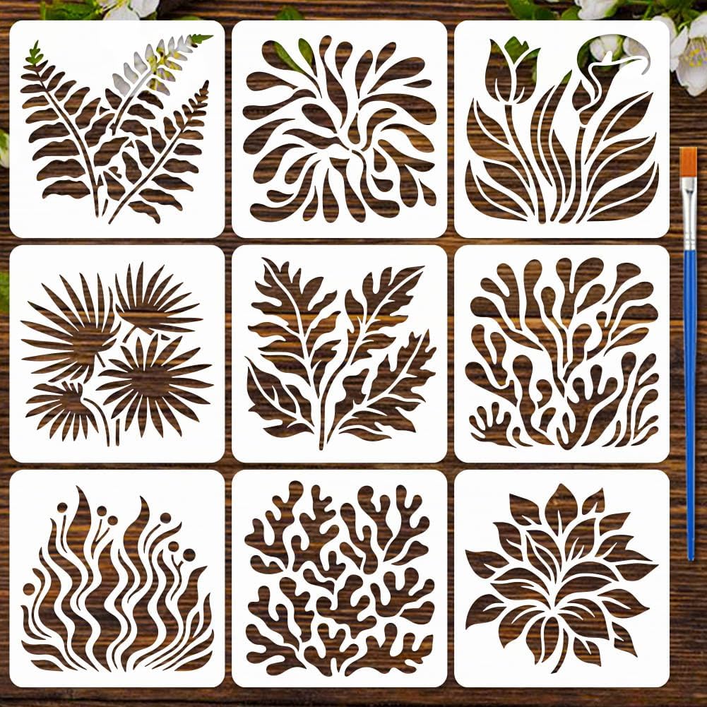 FINGERINSPIRE 9 Pcs Bohemian Plants Painting Stencils with Paintbrush 5.9x5.9 inch Matisse's Foliage and Flowers Stencil Reusable Plants Leaf Stencils for Painting on Wood Wall Door Canvas Home Decor