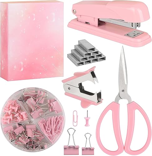 Grapadora rosa, suministros de oficina rosa, juego de accesorios de escritorio para mujer con grapadora, removedor de grapas y 1000 grapas, clips,