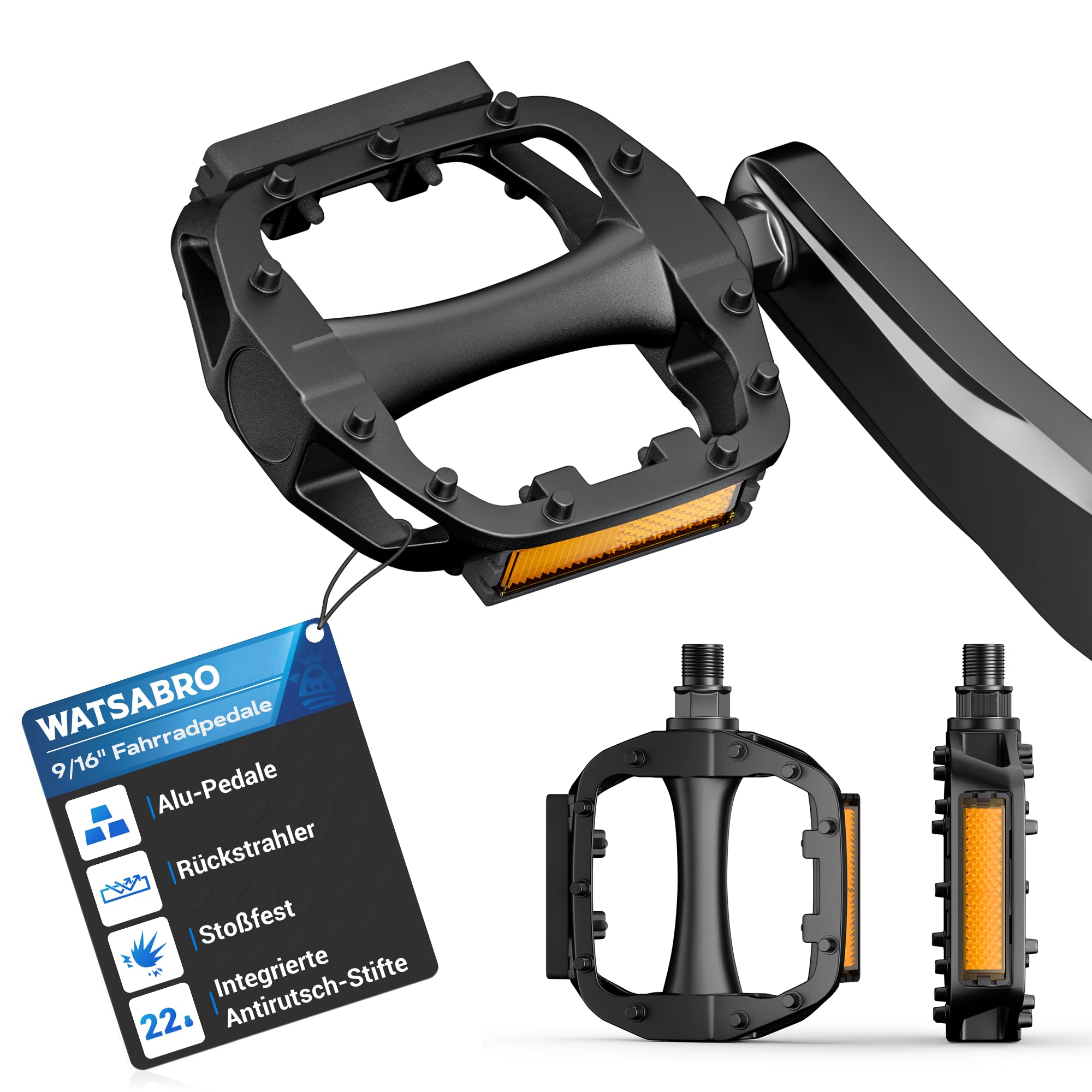 WATSABRO Fahrradpedale mit StVZO-Reflektorstreifen, rutschfest MTB Pedale, Aluminium Körper | Kugellager | Hochzähe & schlagfeste Achse, 9/16 Zoll für MTB, Rennrad, E-Bike, Trekkingrad & Gravelbike