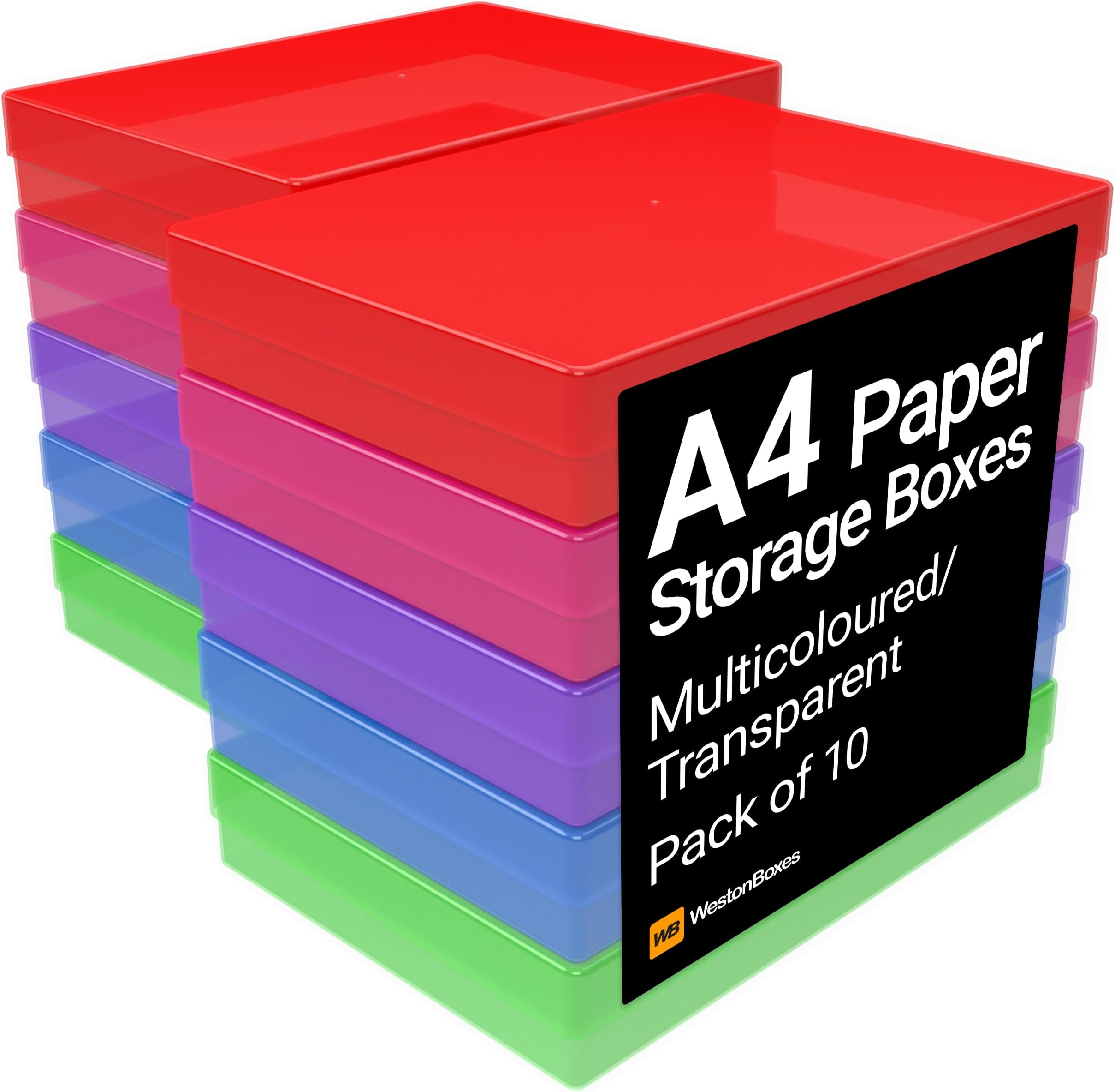 WestonBoxes A4 Colourful Transparent Plastic Craft Storage Boxes with Lids for Art Supplies, Paper and Card (Multicoloured/Transparent, Pack of 10)