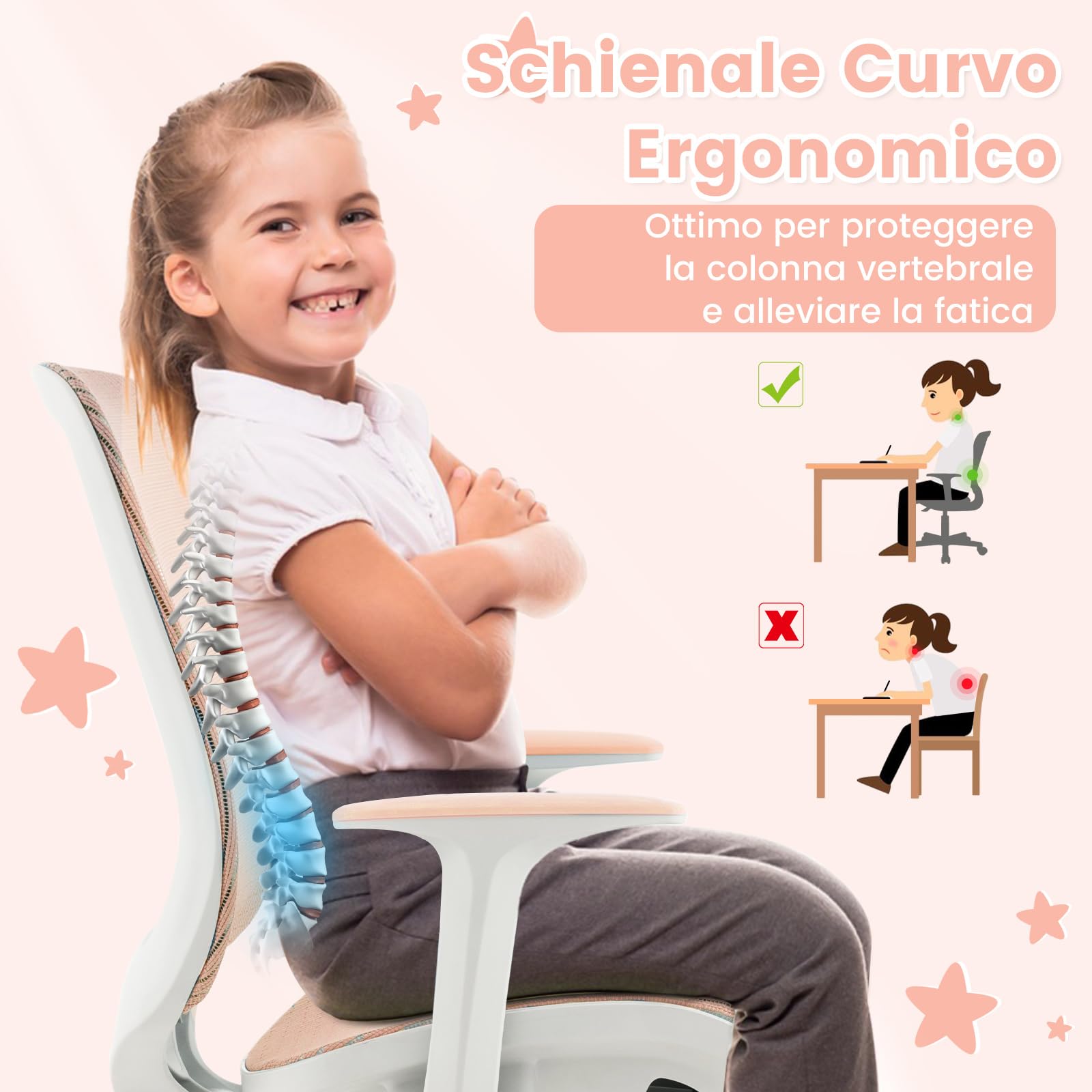 COSTWAY Sedia da Scrivania per Bambini, Sedia Girevole per Computer con Altezza Regolabile, Ruote con Freno, Braccioli Morbidi, Mobile Ergonomica per Bambini 6-15 Anni (Rosa, Rullo di Pressione)