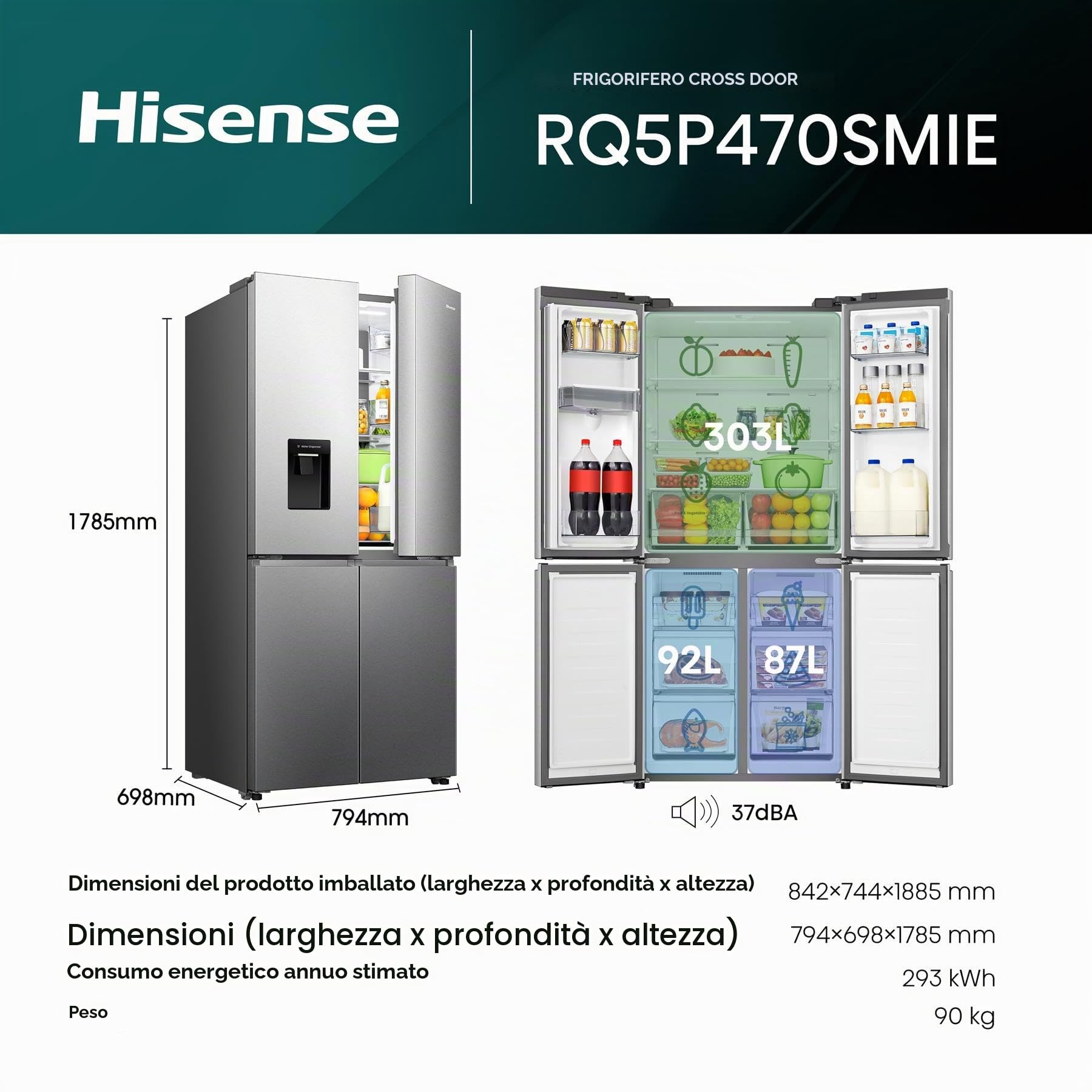 Hisense Frigo 4 Porte Total Nofrost 460lt E 79cm Inox Rq5p470smie