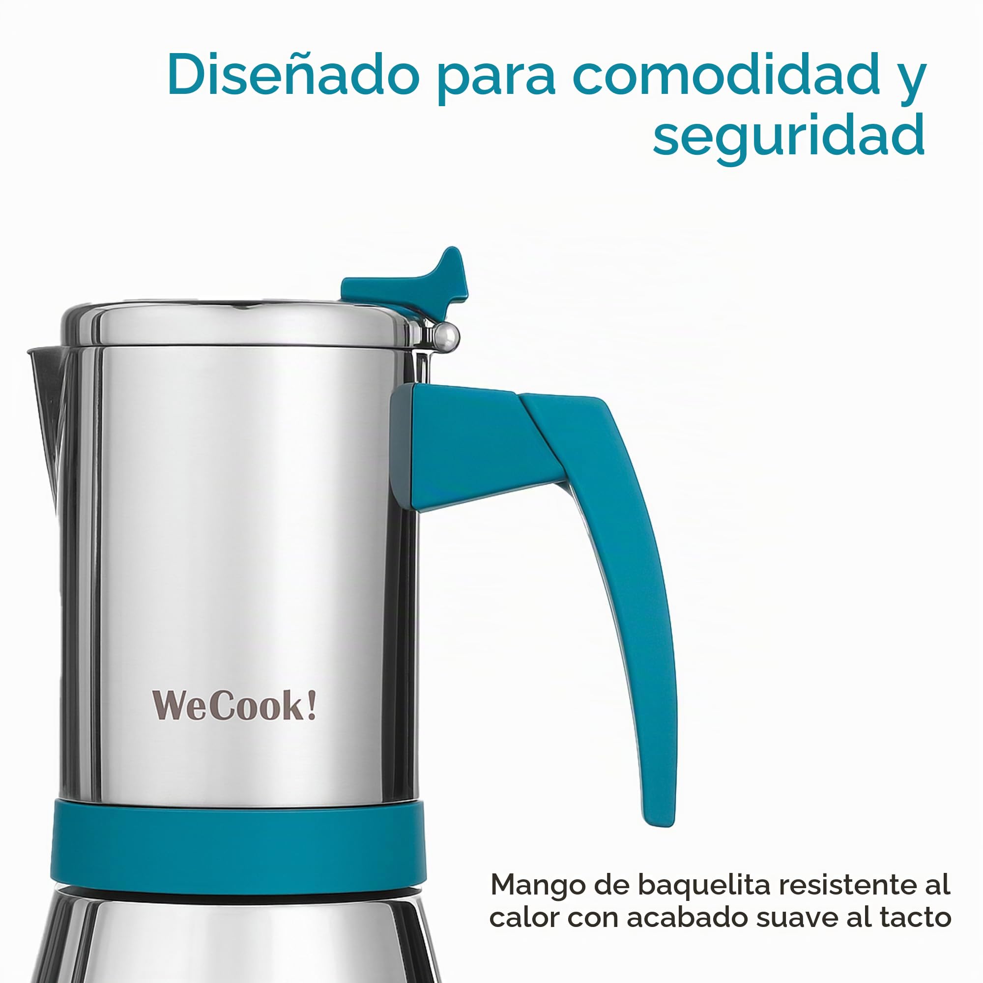 WECOOK! Cafetera Italiana Inox 18/10 para Inducción, Plateado-Blue, 9 Tazas | Gas, vitrocerámica y eléctrica, Mango baquelita Soft-Touch, Válvula seguridad níquel, Cuchara medidora incluida