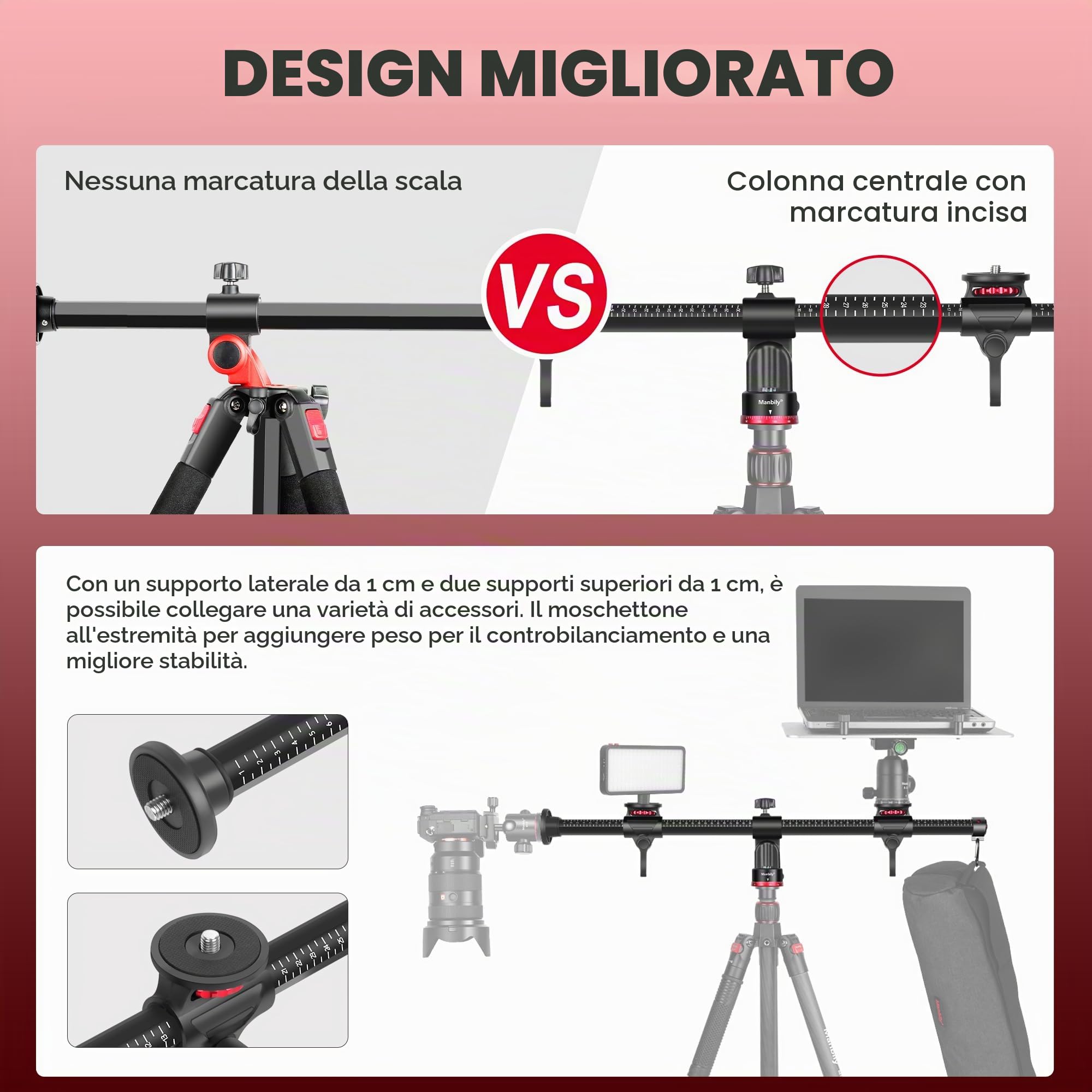 Manbily Braccio di estensione per treppiede, colonna centrale orizzontale da 70,1 cm, barra per accessori per treppiedi in alluminio a tre montaggi, braccio girevole a 360 ° per riprese in testa per