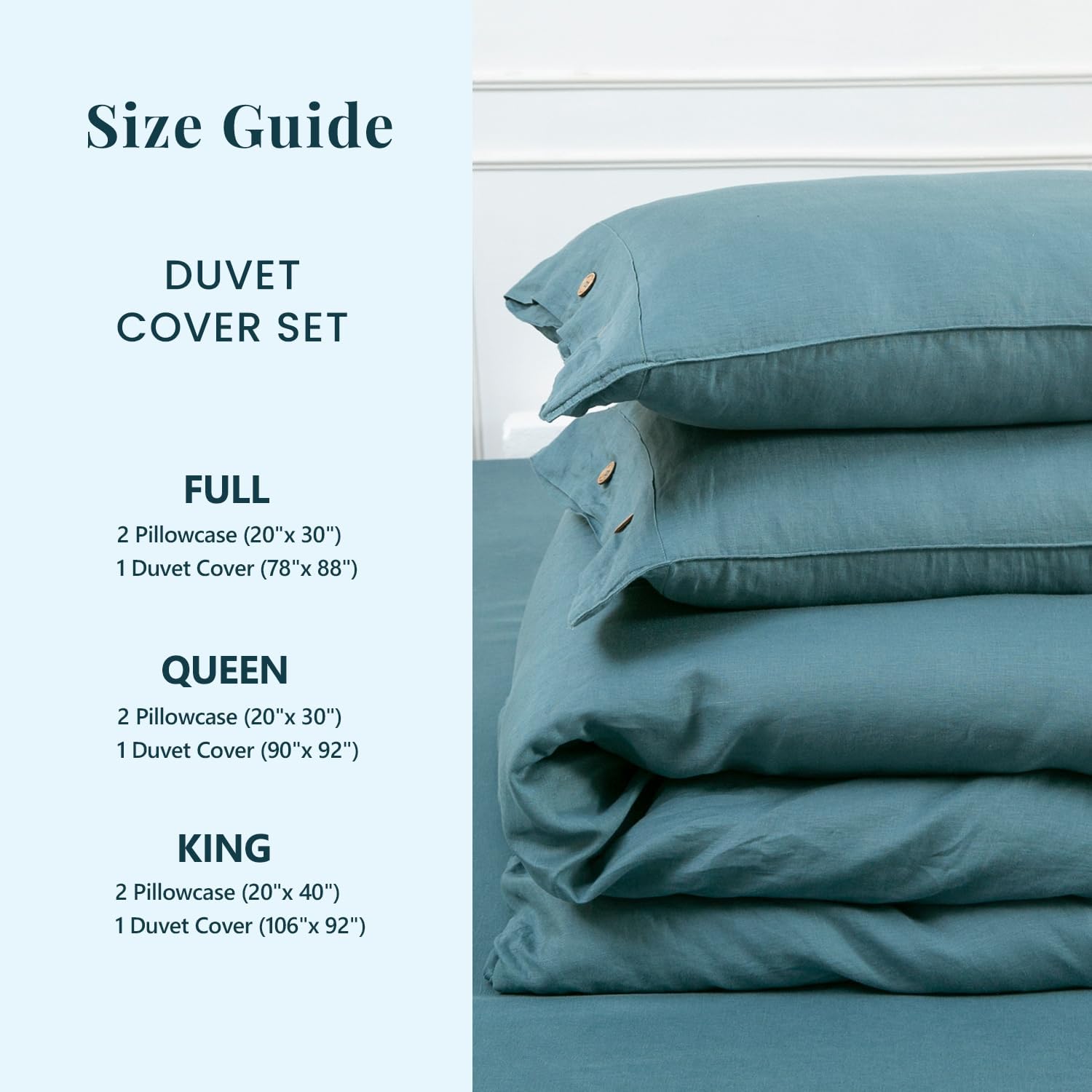 S VICTORY SYMBOL 100% Pure Linen Duvet Cover Set 3pcs,Natural French Washed Flax Solid Color Breathable(1 Duvet Cover and 2 Pillowcases) with Coconut Buttons Closure(Full,Mineral Blue)