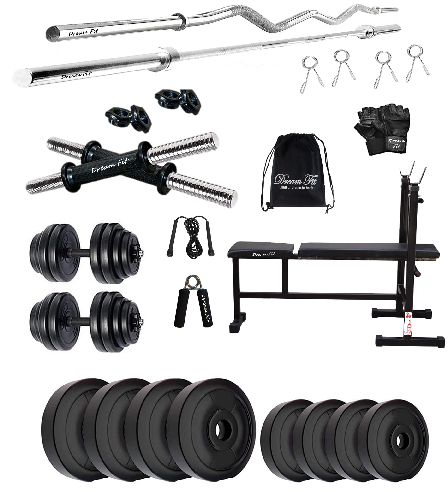 DREAM FIT PVC Home Gym Set - 32 kg with 3in1 Bench, 3 ft Curling Rod, 3 ft Straight Rod, 1 Pair Dumbbell rods and Gym Accessories (32kg)-image-15
