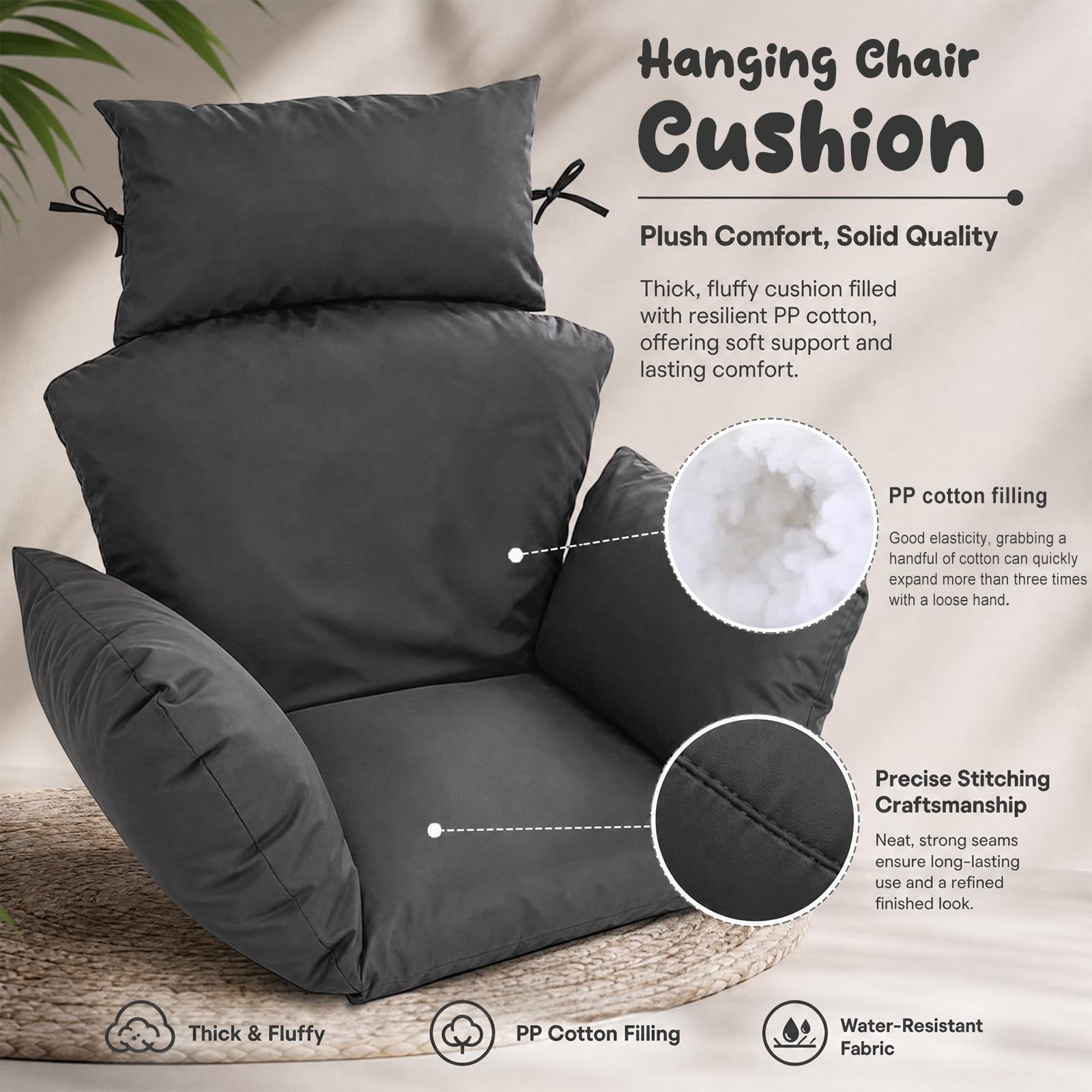 Coussin de fauteuil suspendu d'extérieur imperméable pour jardin, terrasse, gris foncé