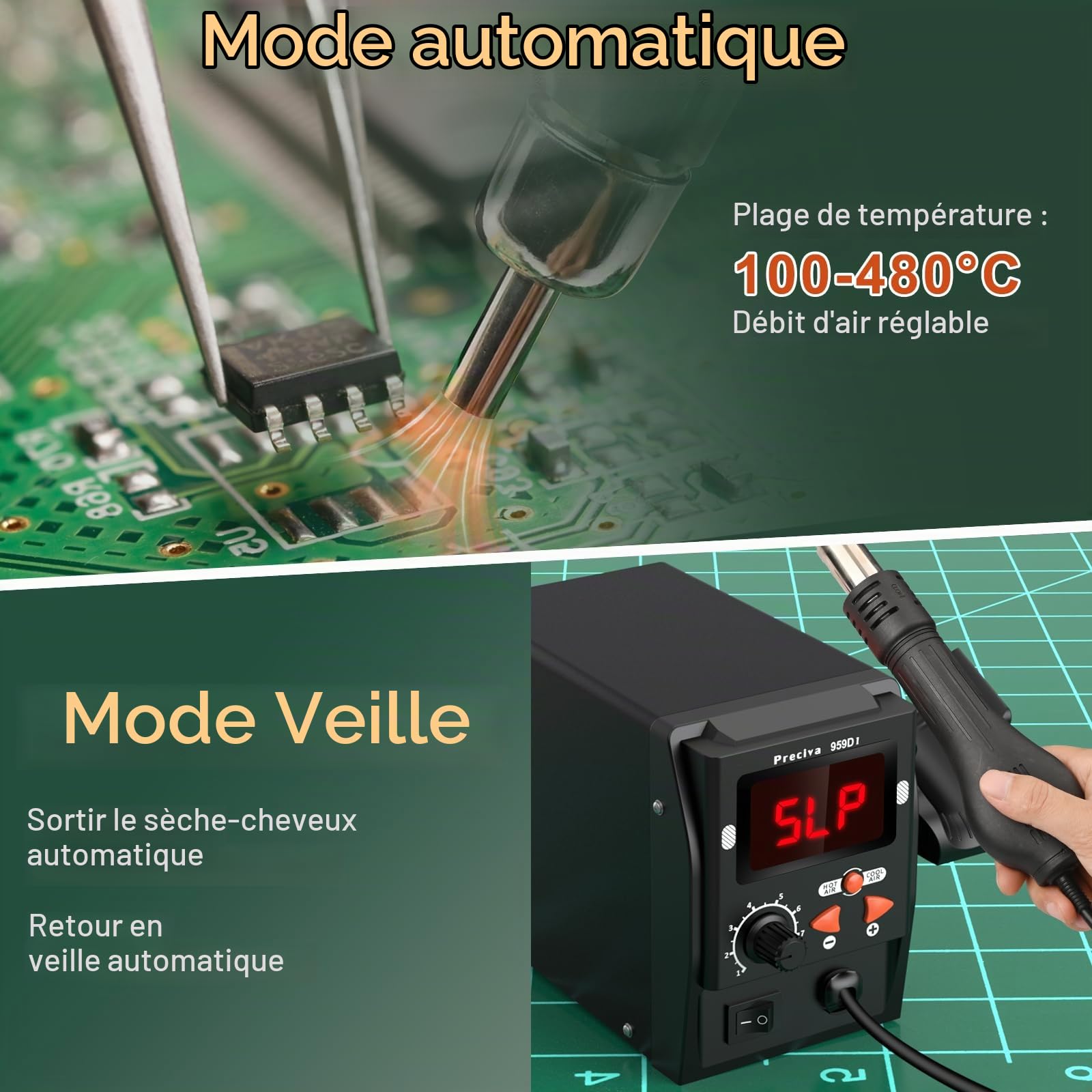 959D-I Station de Dessoudage à Air Chaud 700W pour Soudure et Desoudeur SMD, Stations de Debrasage avec Écran LCD, Température et Volume D'air Réglable, Pistolet Airs Chauds pour Fondre L'étain