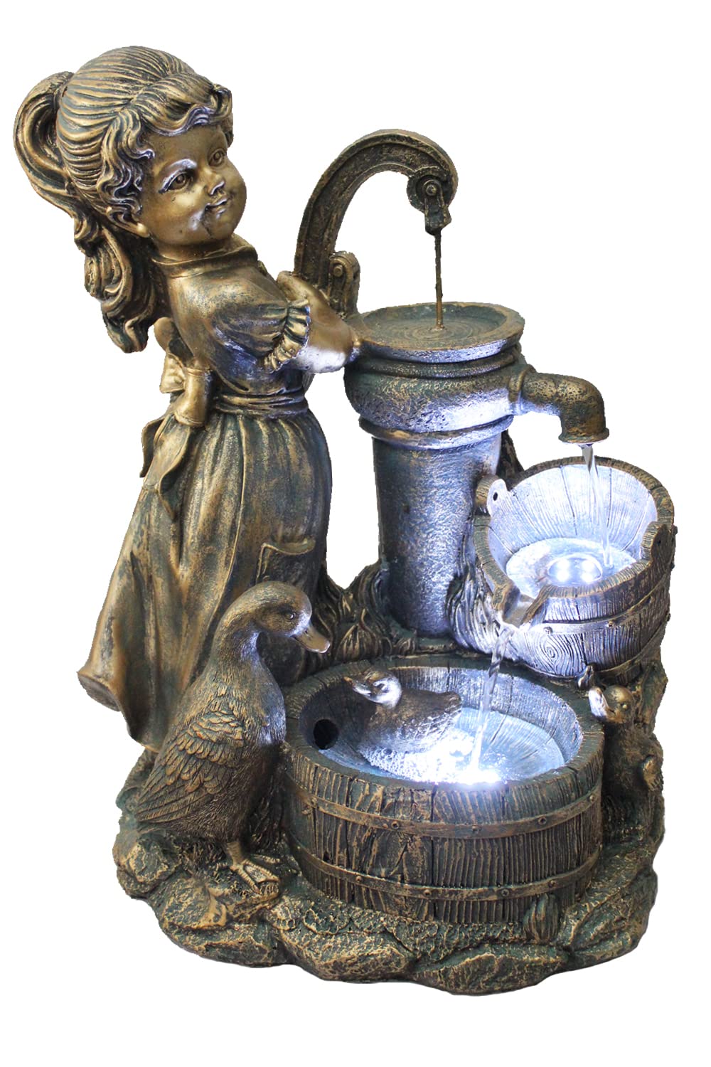 Fontaine de jardin Heidi avec oies - Jeu d'eau avec éclairage LED - Arnusa