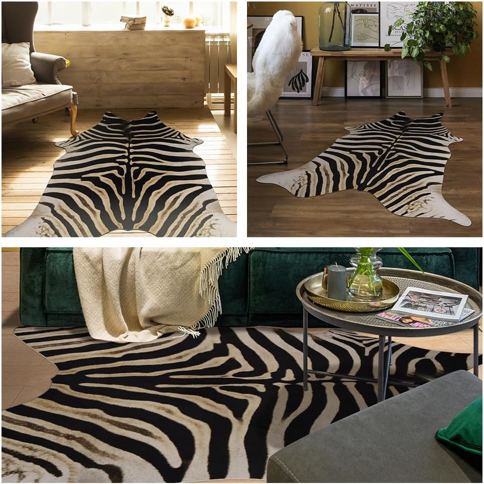 Zebra Rug 5.2 X 6.2 ft Zebra Print Rugs Animal Print Cowhide Animal Skin Western Decor for Bedroom Living Room Dining Room Brown Non Slip Area Rugs