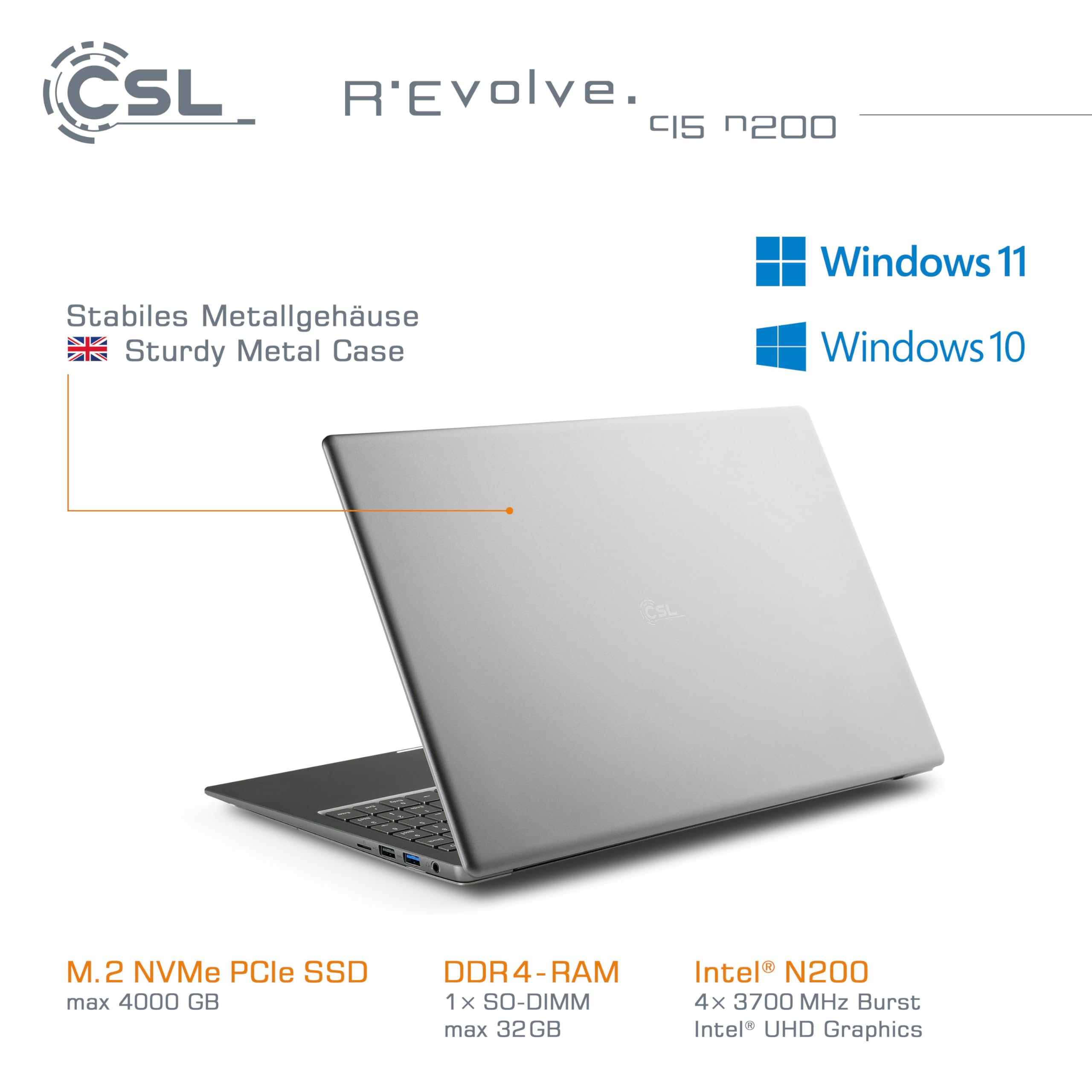 Notebook CSL R'Evolve C15 v3 Windows 11 Home - Ultra-Slim Laptop, 15,6 Zoll Display FHD 1920x1080 IPS, Intel N200 CPU 4x3700 MHz Turbotakt, 500 GB M.2 SSD, 16 GB DDR4-RAM, USB 3.2, BT 5.1, AC WLAN