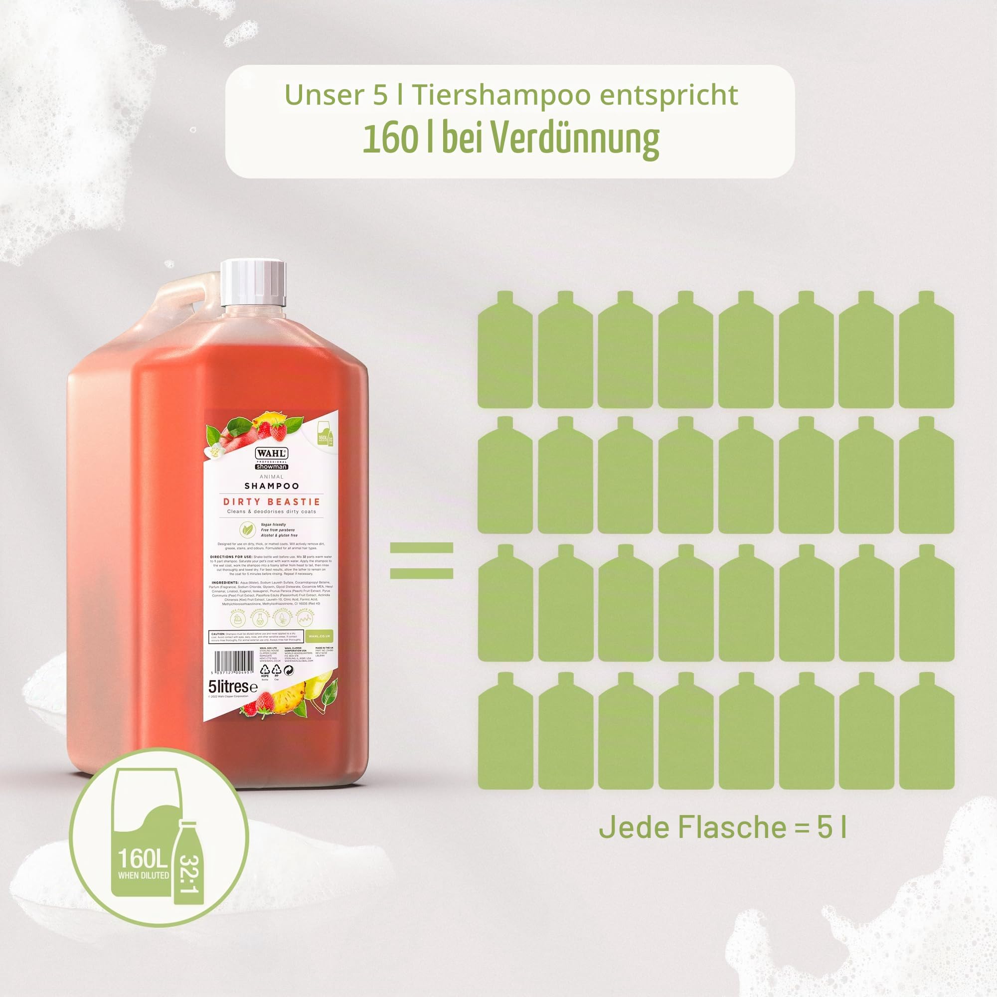 WAHL Dirty Beastie Dog Shampoo - 5 l, 32:1 Konzentrat, vegane Formel für schmutziges, Dickes oder verfilztes Fell, reinigt und desodoriert