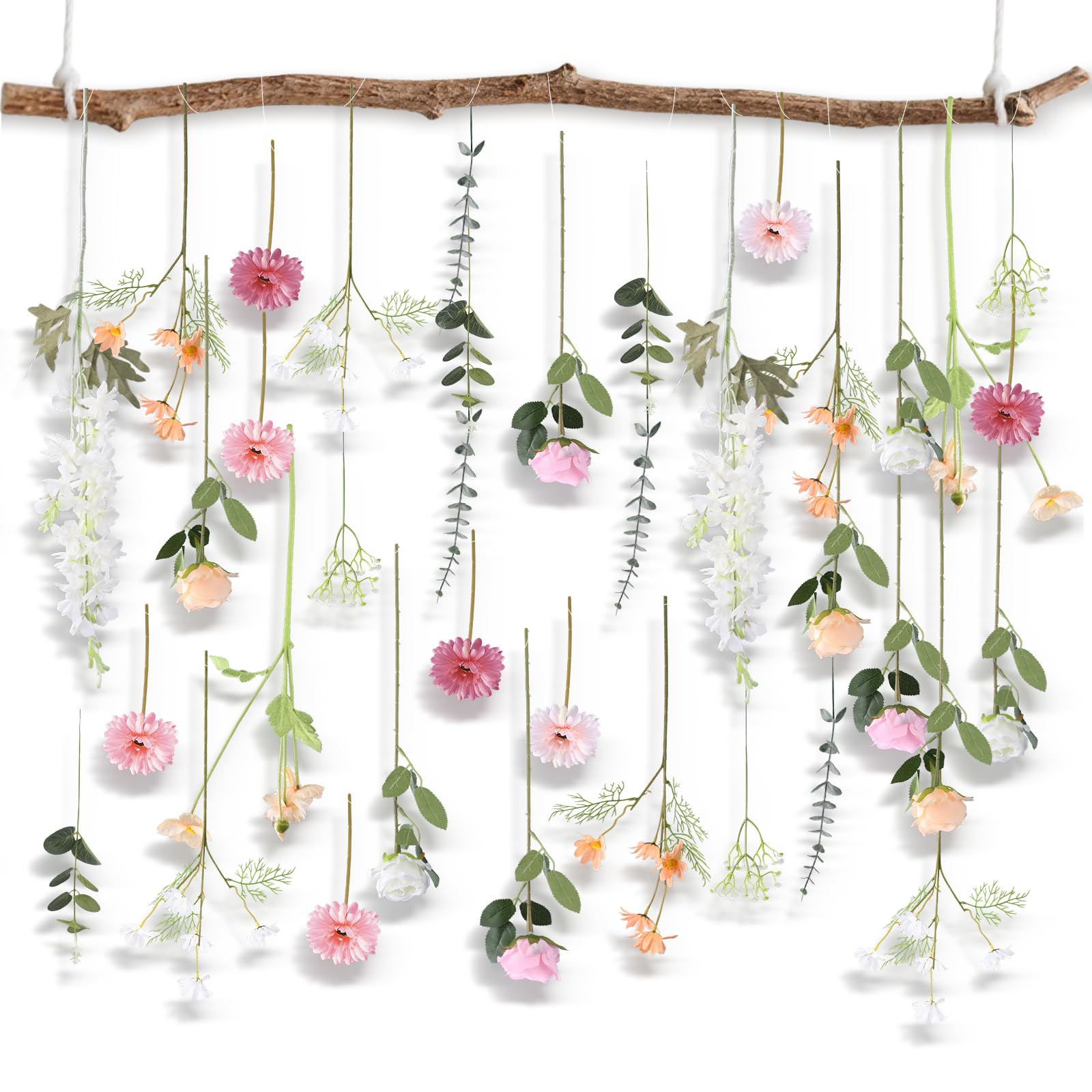 38 Stück DIY Künstliche Wildblumengirlande Hängende Blumen Set Chrysantheme Rose Eukalyptus Gänseblümchen Rittersporn Blume Girlanden Hängende Frühling Wildblume Girlanden für Baby Atem Hochzeit