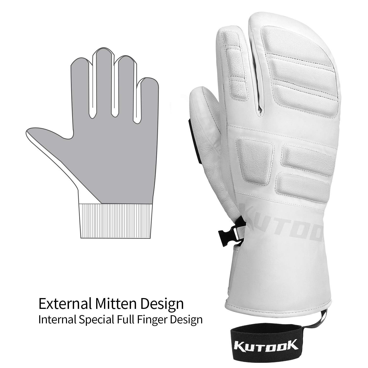 KUTOOK Guantes de esquí de tres dedos térmicos 3M Thinsulate impermeables Guantes de snowboard invierno para clima frío nieve - Blanco - Large