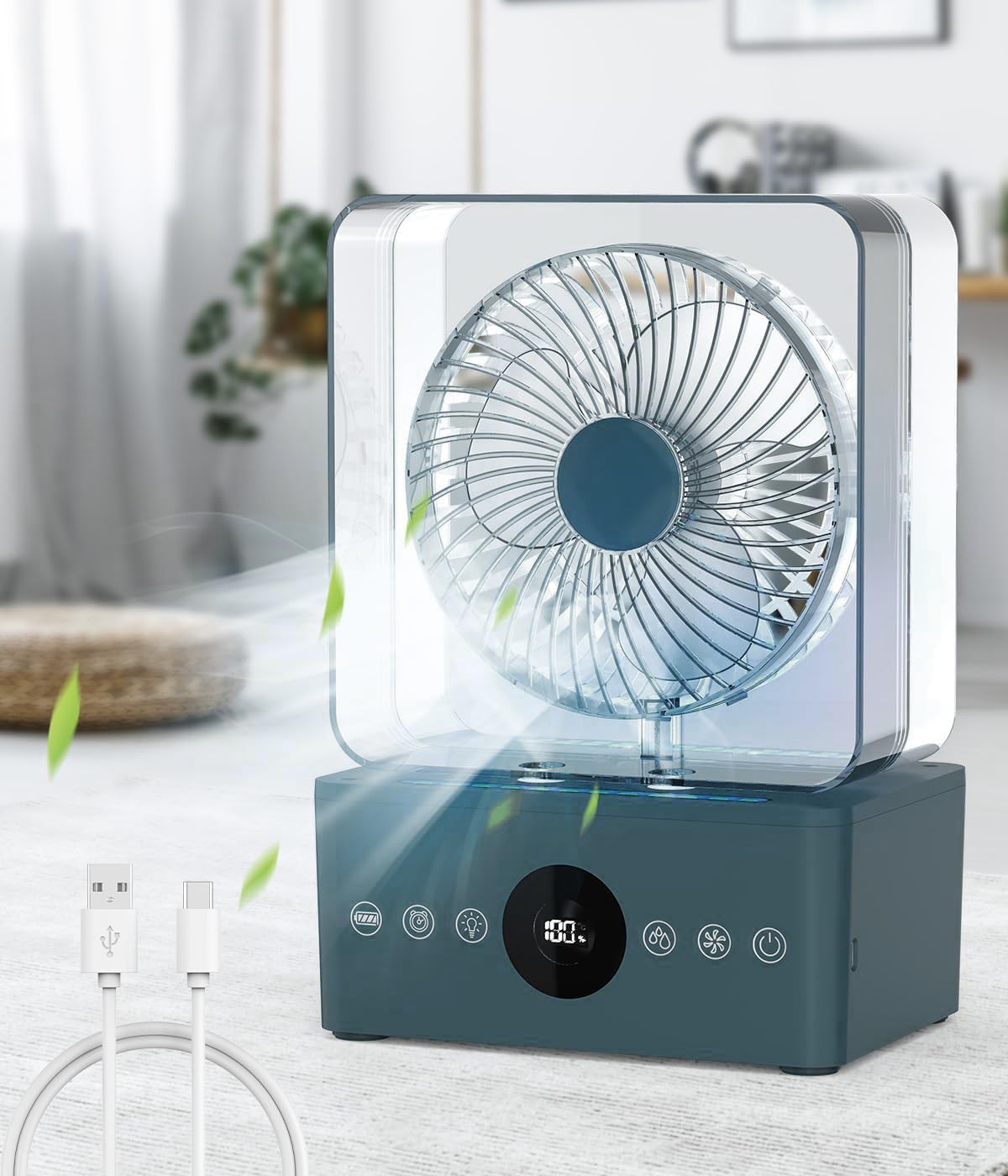 Mobiles Klimagerät, 4 in 1 Klimaanlage Mobil mit Wasserkühlung, 2 Feuchtigkeits Modi/Timer/3 Stufen/4 Farben Licht/1000ml Wassertank, Mobile 