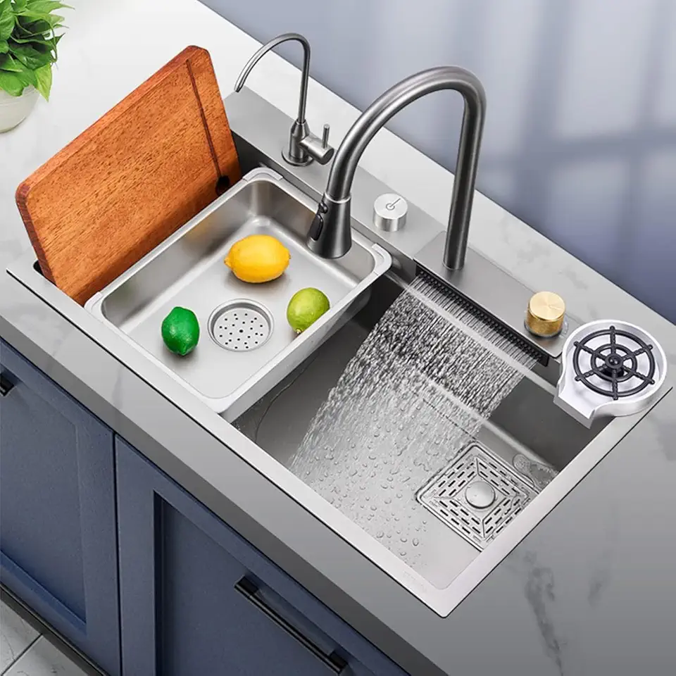 Hardstone 304 30" x 18" x 10" Multifunction Kitchen Sink with Built-in Waterfall and Pull Out Tap Set, Stainless Steel Sink with Cup Washer and Drain Baskets