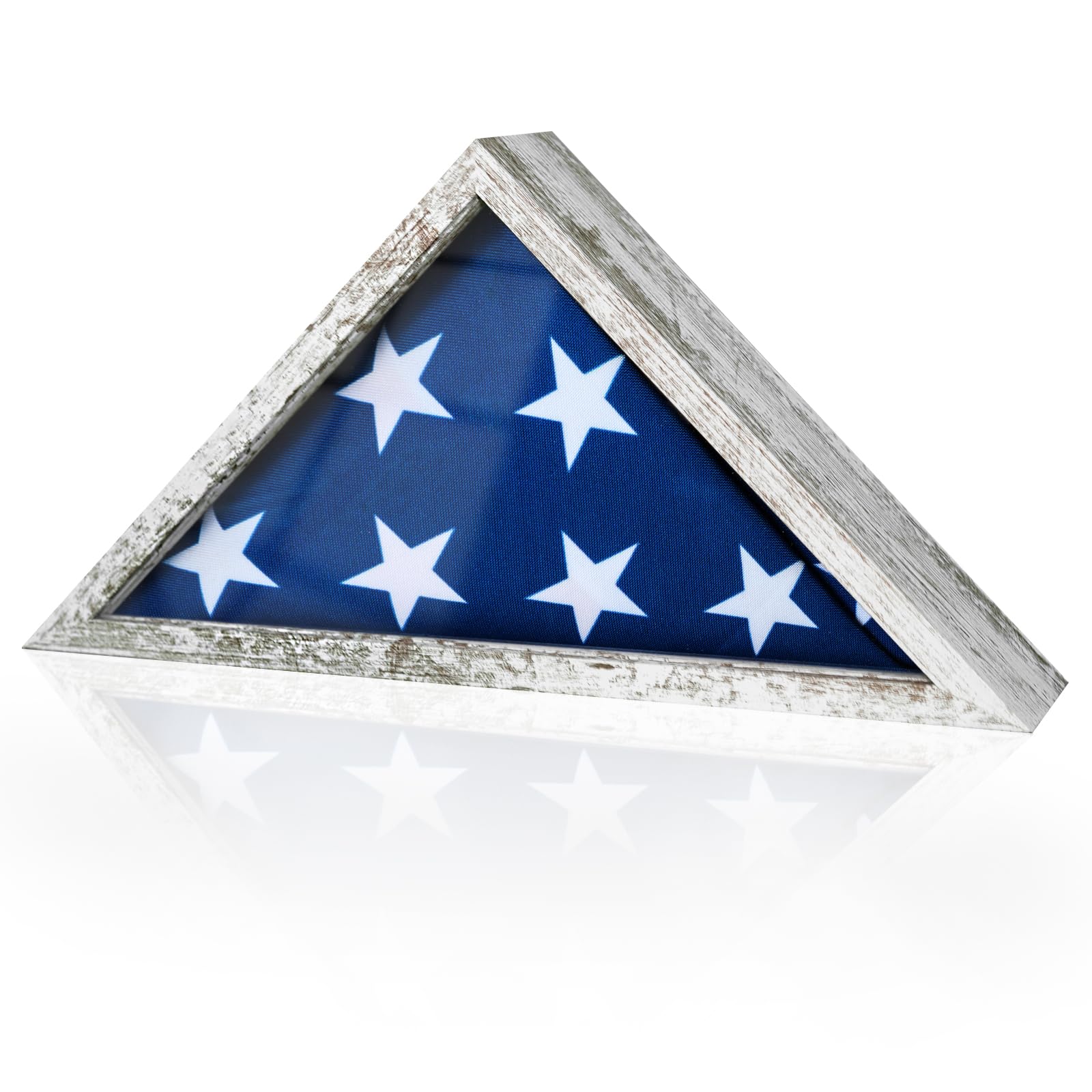 DecoWoodo 3'x5' American Flag Display Case, Solid Wood Military Veteran Flag Shadow Box with HD Glass, Wall-Mounted Triangle Flag Frame, Not for Burial Flag, Vintage White
