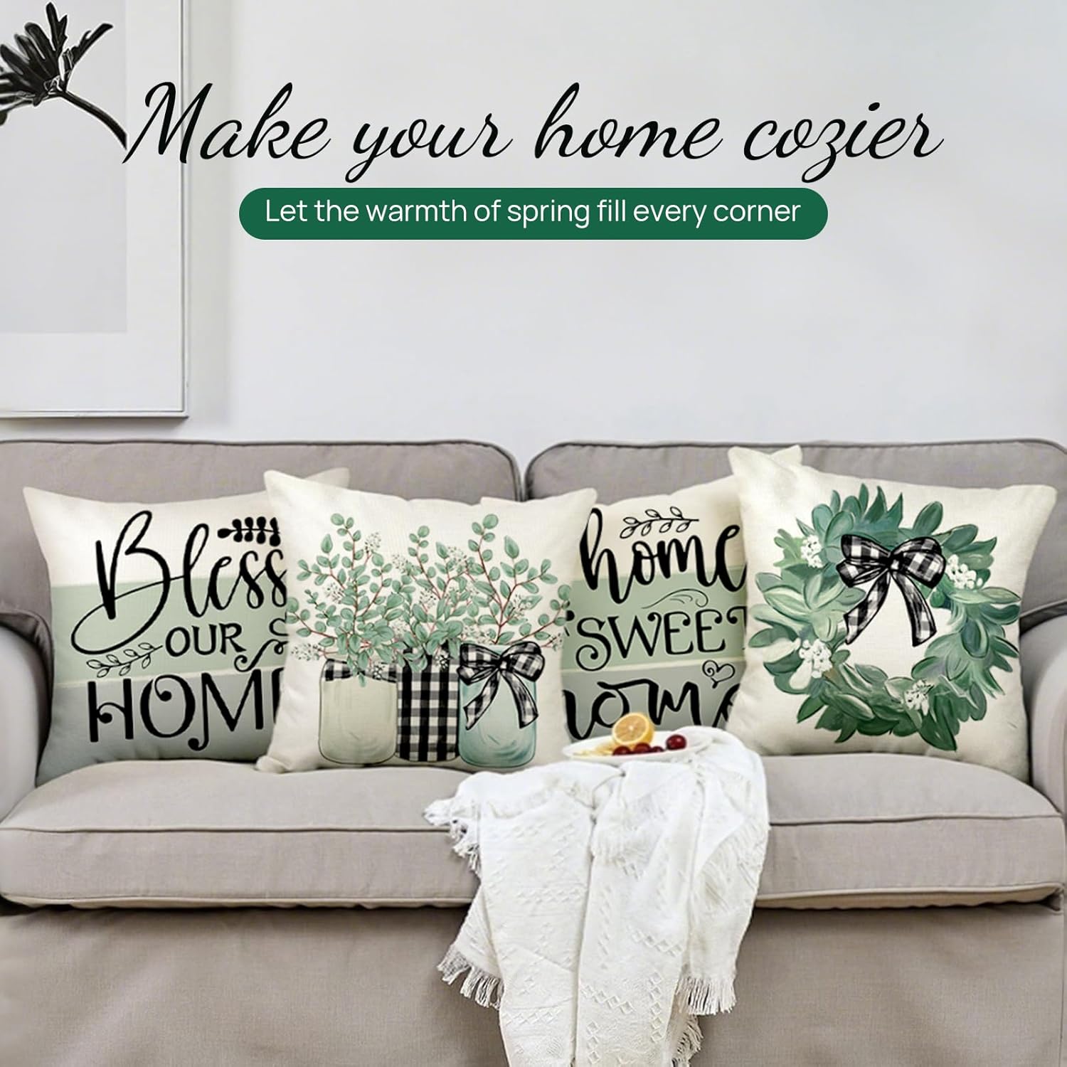 Spring Summer Green Farmhouse Eucalyptus Lamb Ear Wreath Throw Pillow Covers, 20 x 20 Inch Bless Our Sweet Home Buffalo Plaid Cushion Case for Sofa Couch Set of 4