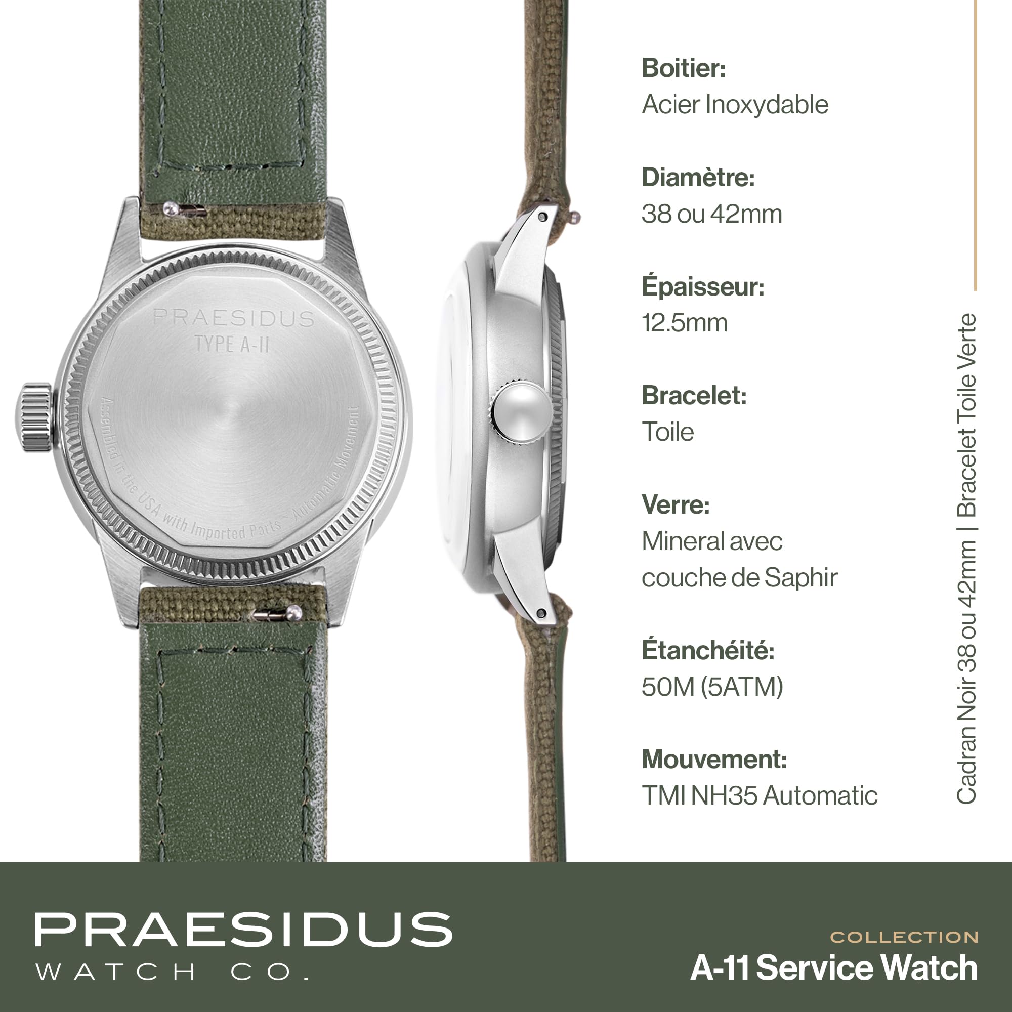 PRAESIDUS | Serwis Watch - automatyczny zegarek wojskowy, męski zegarek wojskowy - czarna tarcza ze stali nierdzewnej 38 mm, zielony pasek z płótna - męski automatyczny zegarek, wojskowy zegarek USA