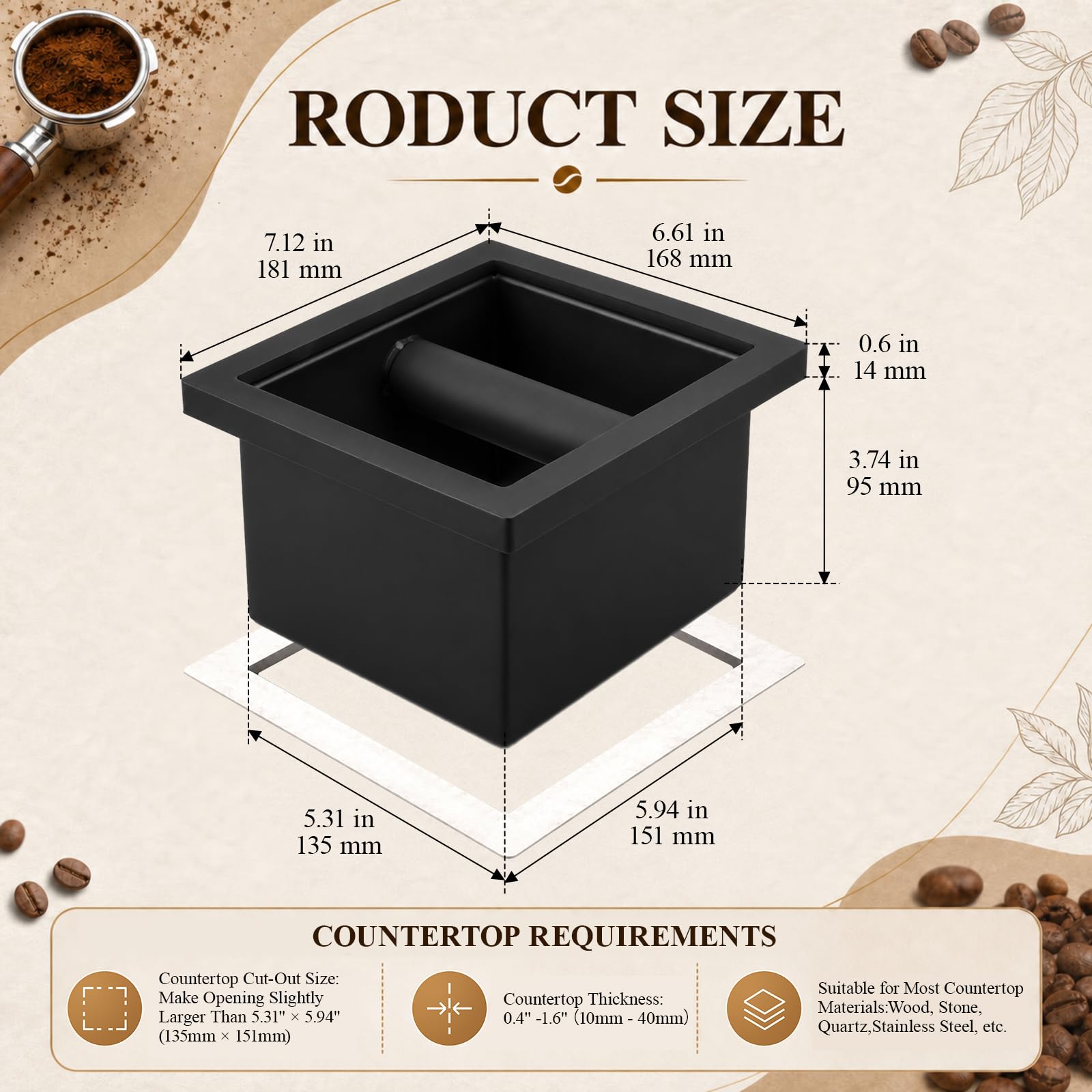 Mimorou Confezione da 2 contenitori per caffè espresso, in acciaio inox, con barra in gomma rimovibile, fondo aperto integrato, per casa, caffè, bar, bar e bancone