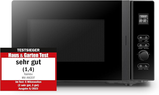 Toshiba MV-AM20T(BK) Kuchenka mikrofalowa, 20 l, 800 W, 5 poziomów mocy, 12 programów, emalia wewnętrzna, łatwa do czyszczenia, funkcja rozmrażania, szklany talerz obrotowy (24,5 cm), czarny