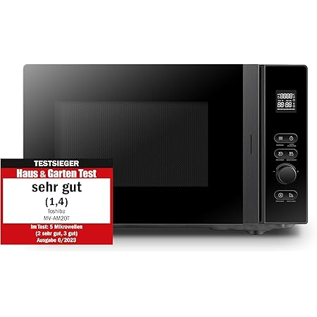 Toshiba MV-AM20T(BK) Mikrowelle/Solo-Mikrowelle/ 20 L/ 800 W/ 5 Leistungsstufen/ 12 Automatikprogramme/Emaille Innenraum/einfach zu reinigen/Auftaufunktion/Glasdrehteller (24,5 cm) /Schwarz