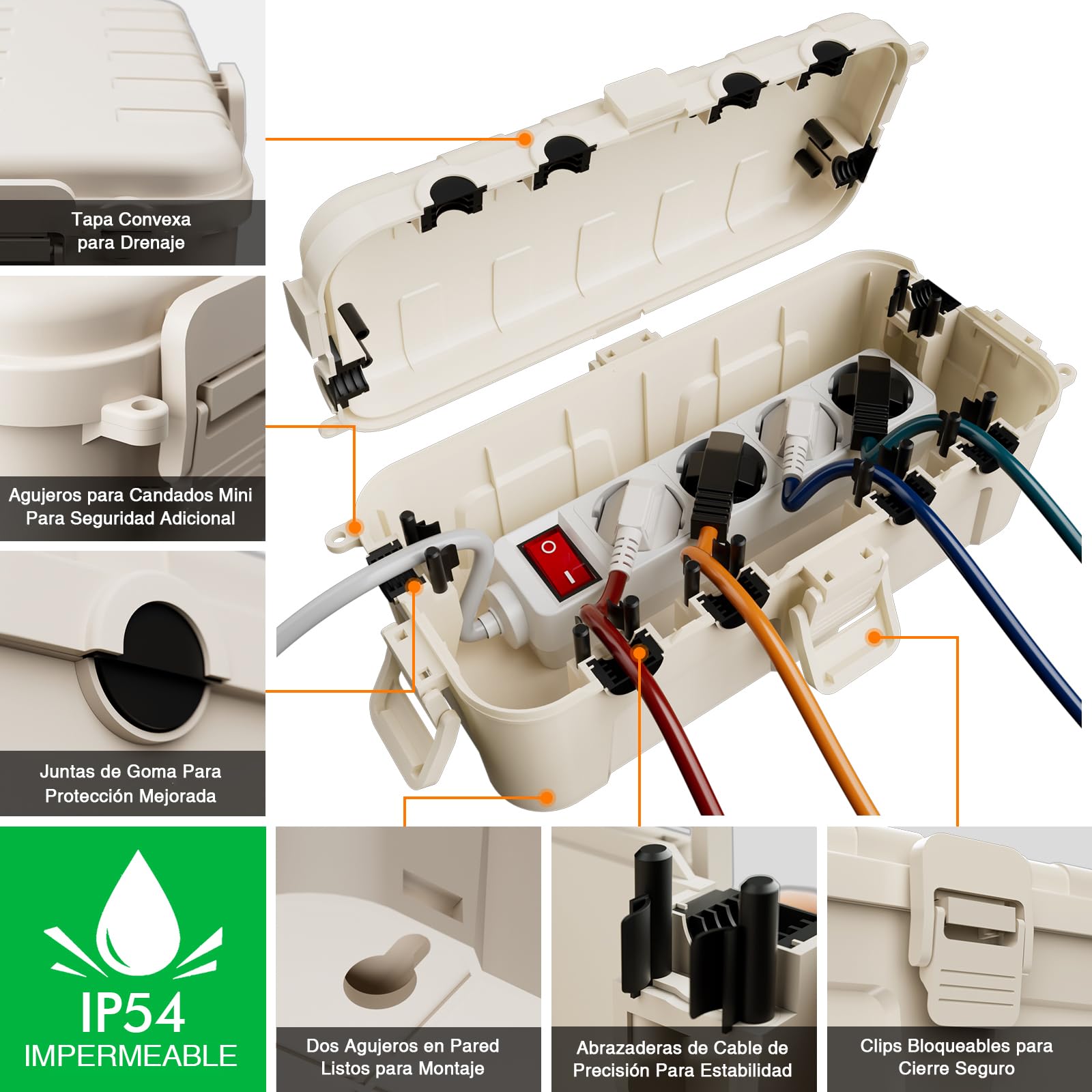 RESTMO Medium caja de cables impermeable para exteriores, IP54, caja de cables exterior, ideal para proteger cables de extensión, regletas y enchufes angulares (29cm x 13,2cm x 10cm), color almendra