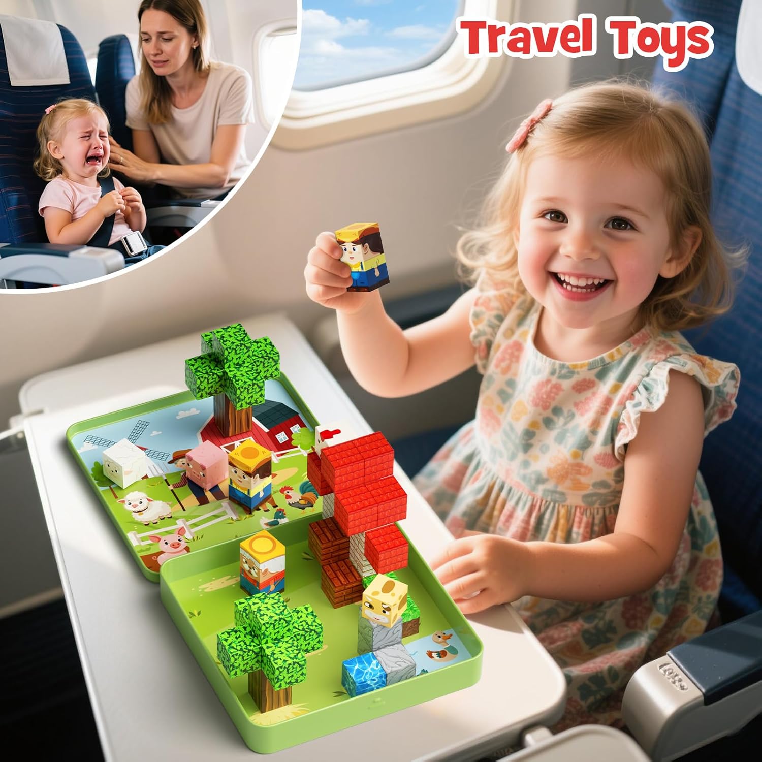 49 PCS Magnetic Building Blocks Travel Toys, Farm Animals Magnetic Tiles with Portable Iron Storage Box & Play Base, STEM Learning Toys for Kids Ages 3-5, 4-8