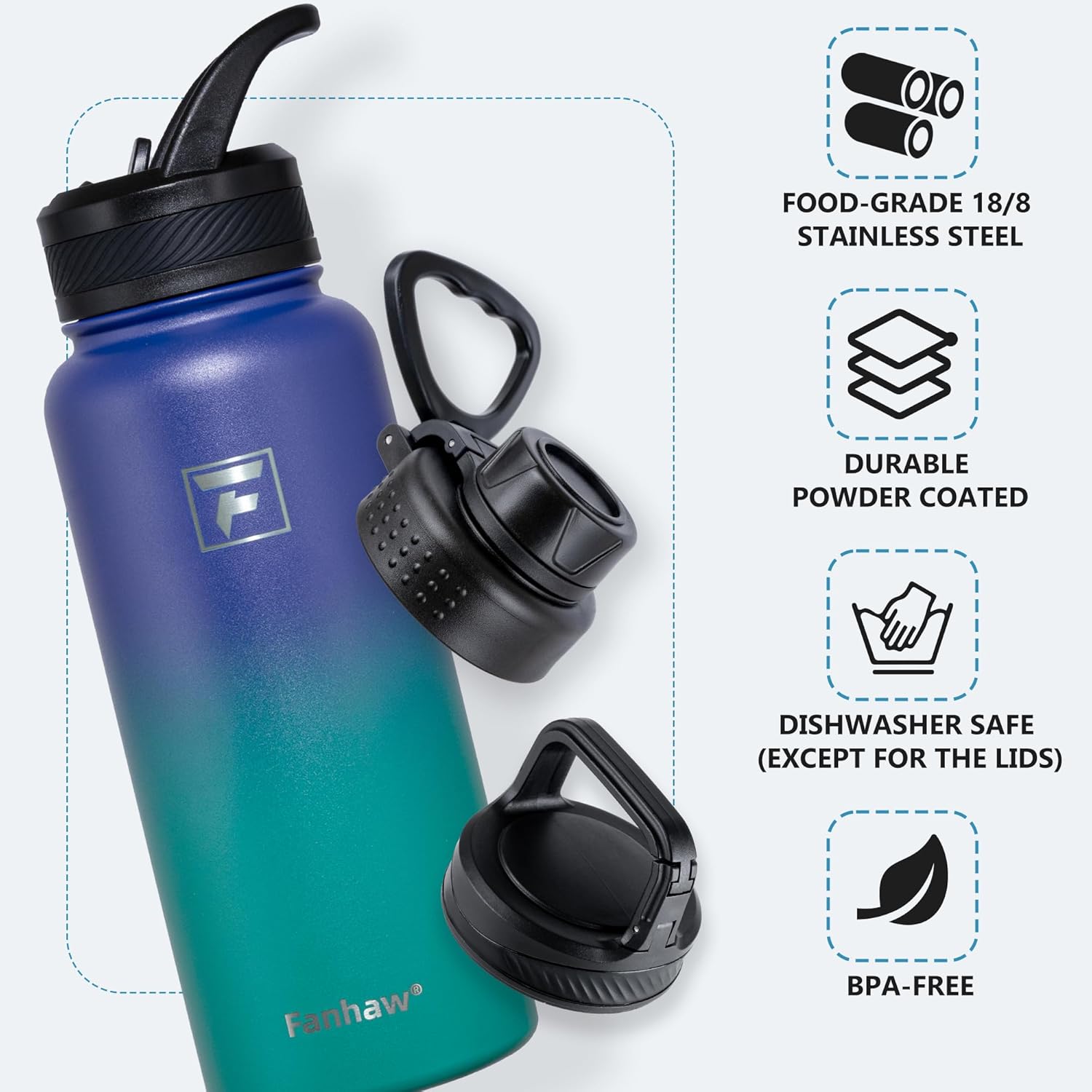 Fanhaw 32 oz Insulated Water Bottle – Portable Stainless Steel Flask with 3 Lids (Straw, Spout, Carabiner) | Leakproof, for Gym, Hiking, Work, Travel & Everyday Use (Purple Green) - Image 3