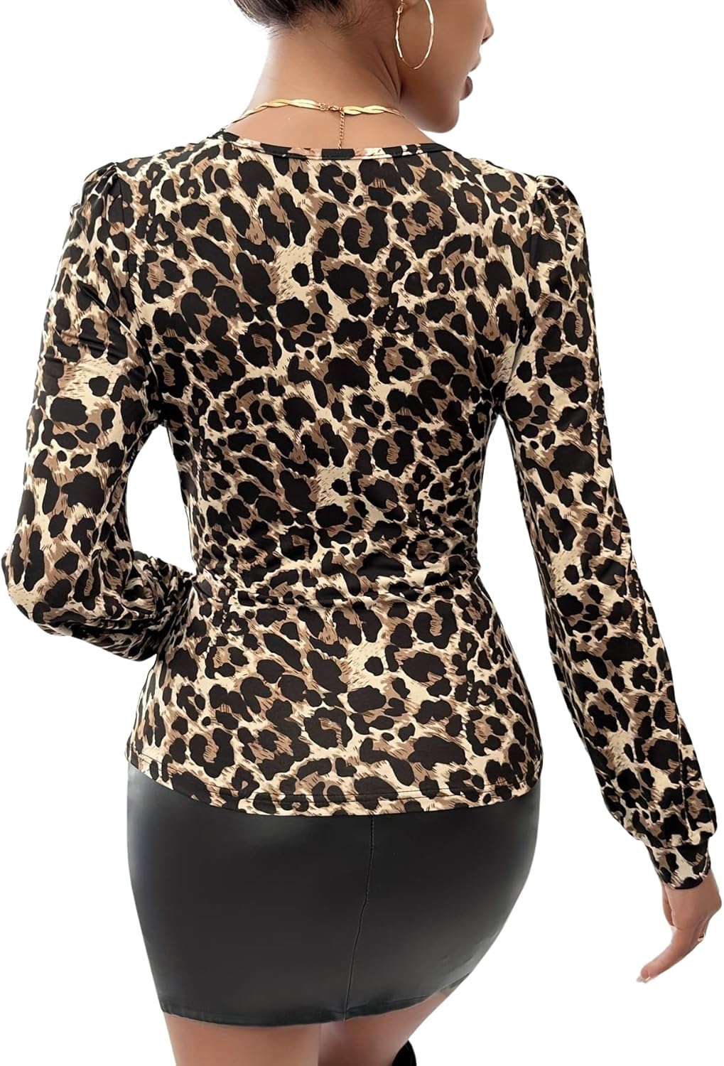 Women's Leopard Print Blouse with Lace Trim V-Neck Soft Stretchy Women Tops Long Sleeve T Shirt for Daily/Party/Date Outfit - Image 4