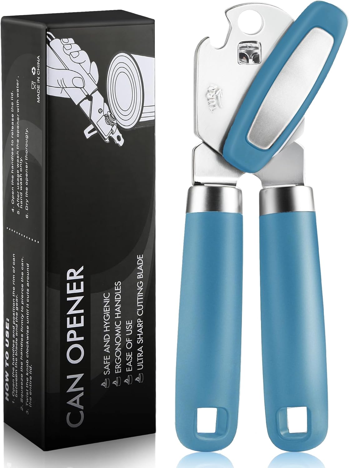 Multifunctional Can Opener Manual, Durable Heavy Duty Handheld Strong Can Opener with Smooth Cutting Edge, Friendly Kitchen Essentials Tool for Seniors, Camping and Bottle Opening-Blue